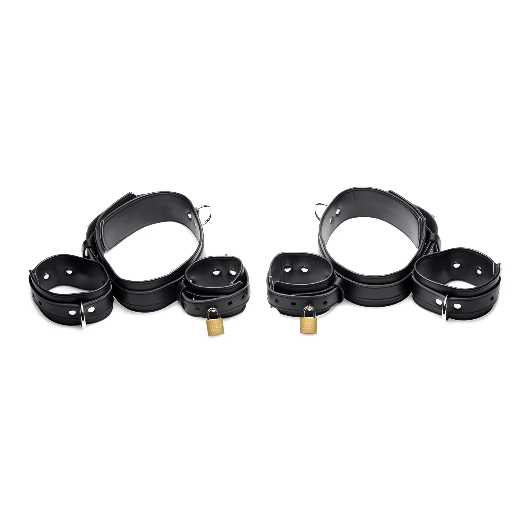 Strict Frog Tie Restraint Set: Two black leather restraint systems with multiple adjustable cuffs and gold padlocks.