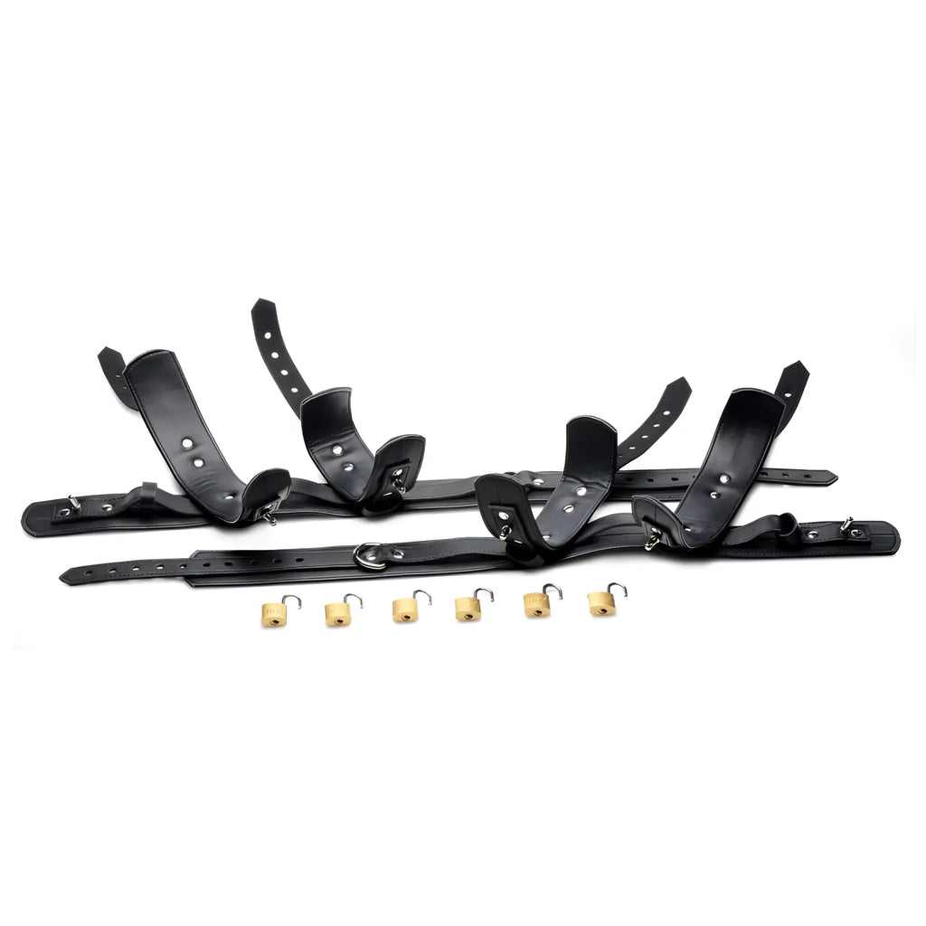 Strict Frog Tie Restraint Set: Two black leather restraint straps with multiple connected cuffs and six brass padlocks.