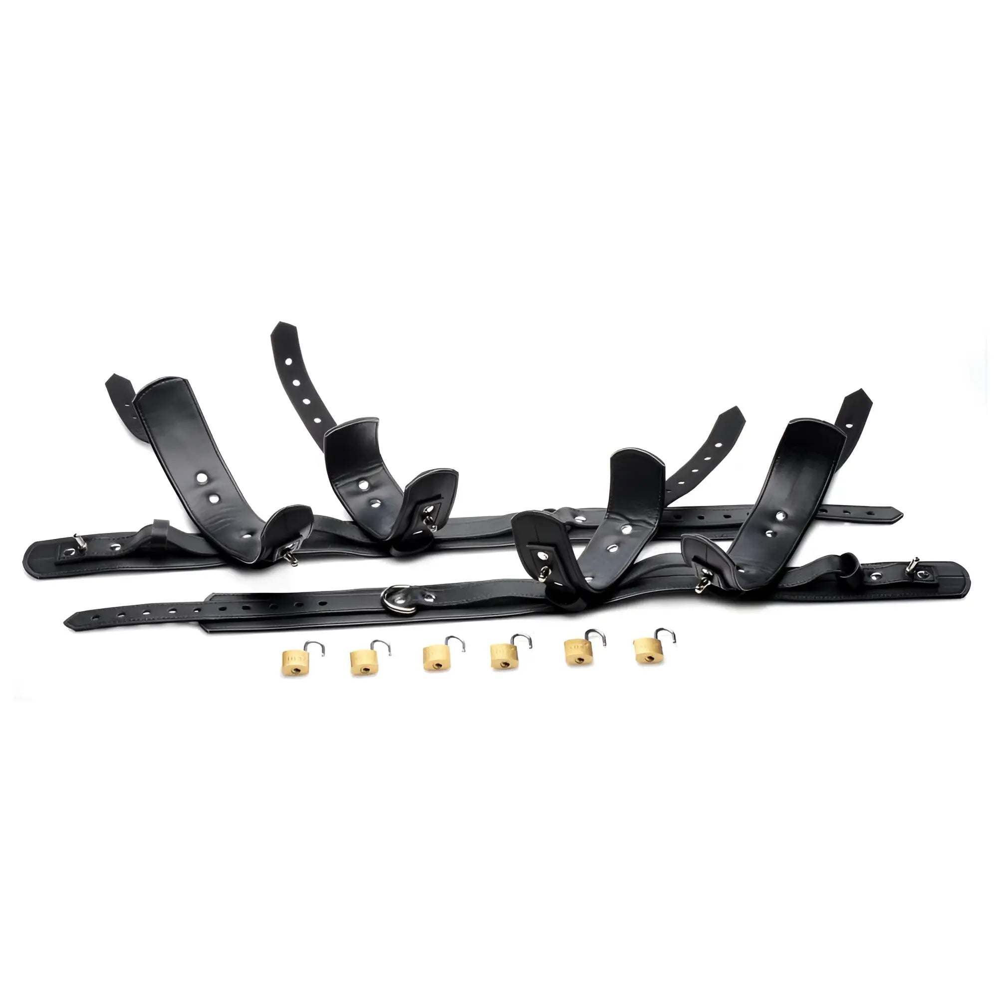 Strict Frog Tie Restraint Set: Two black leather restraint straps with multiple connected cuffs and six brass padlocks.