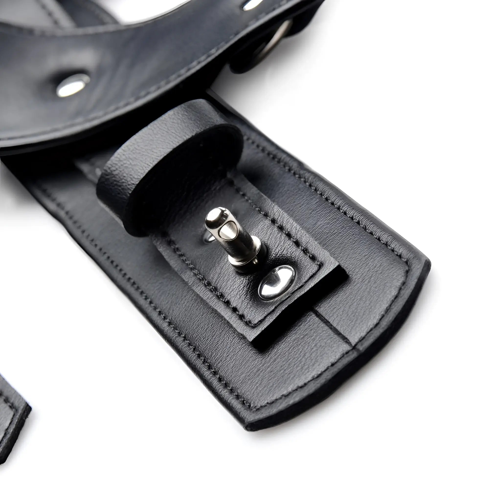 Strict Frog Tie Restraint Set featuring black leather straps with silver-tone metal locking studs and hardware.