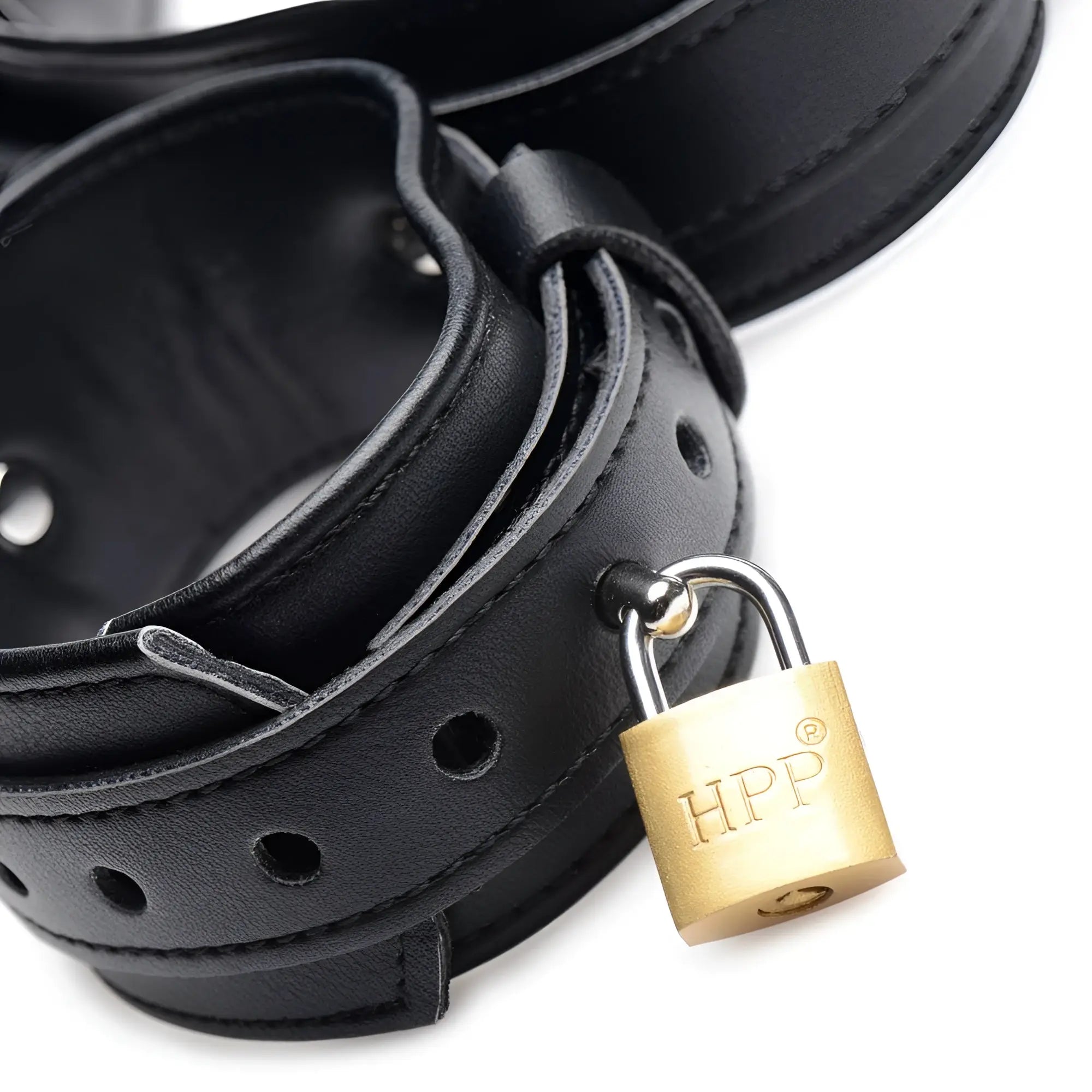 Strict Frog Tie Restraint Set: black leather ankle cuffs with adjustable buckle holes and a gold-toned HPP padlock.