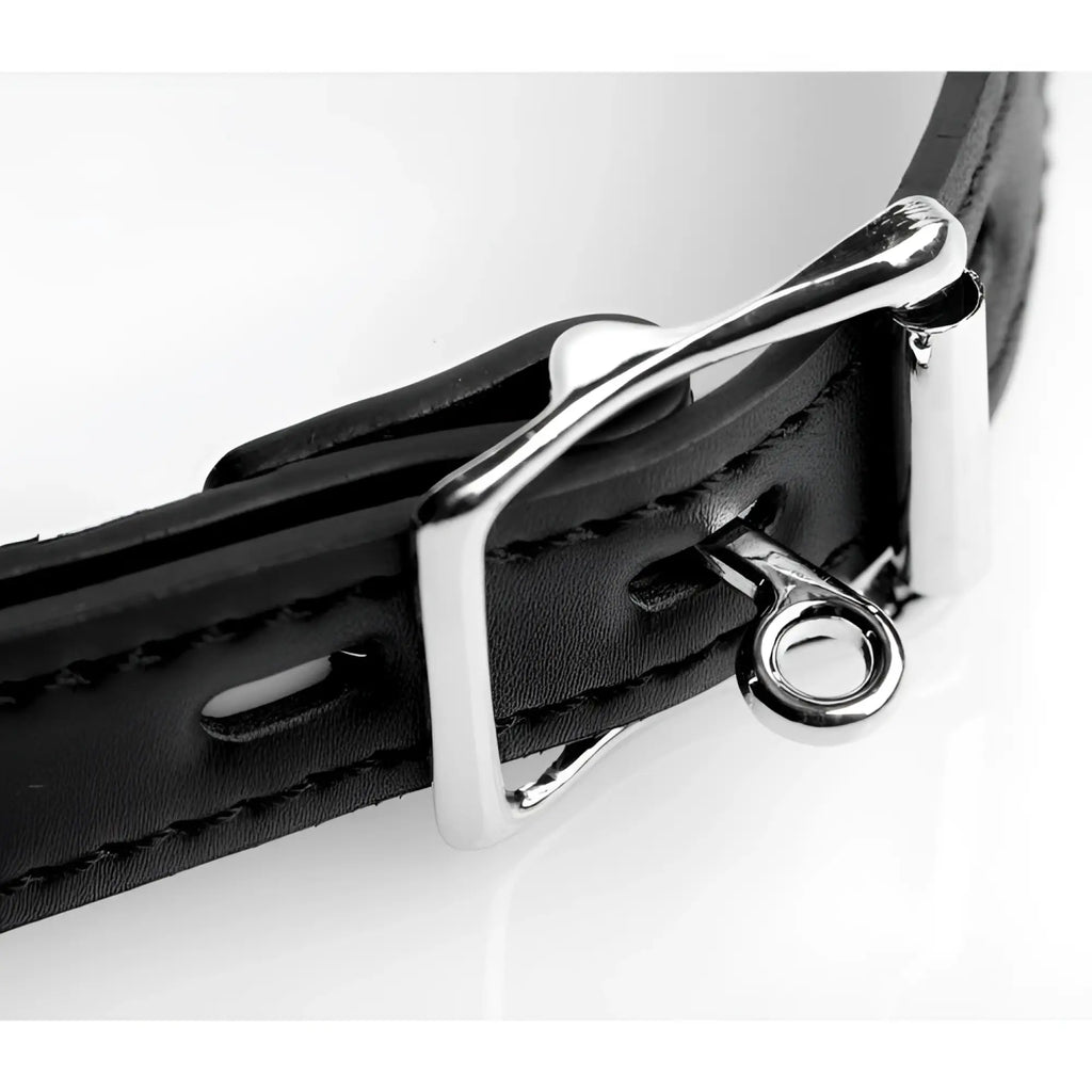 Strict Hook Claw Mouth Spreader: Black leather strap with a polished silver metal buckle and small hook attachment.