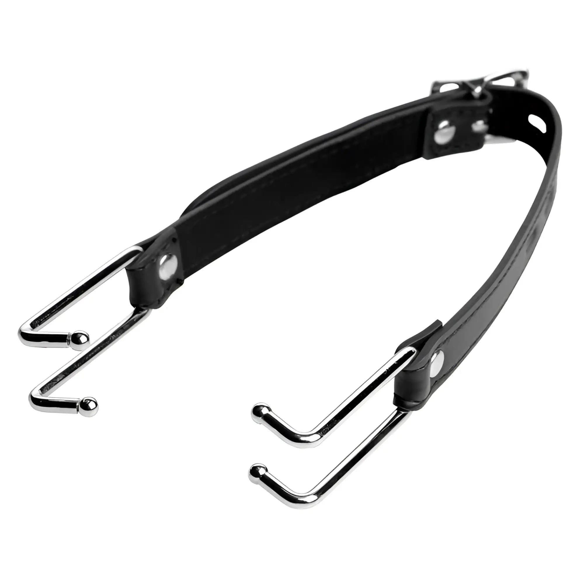 Strict Hook Claw Mouth Spreader featuring a black leather strap with four silver-tone metal hooks on a white background.