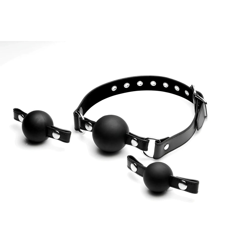 Strict Interchangeable Silicone Ball Gag set: black leather-style collar with one ball attached and two extra sizes.