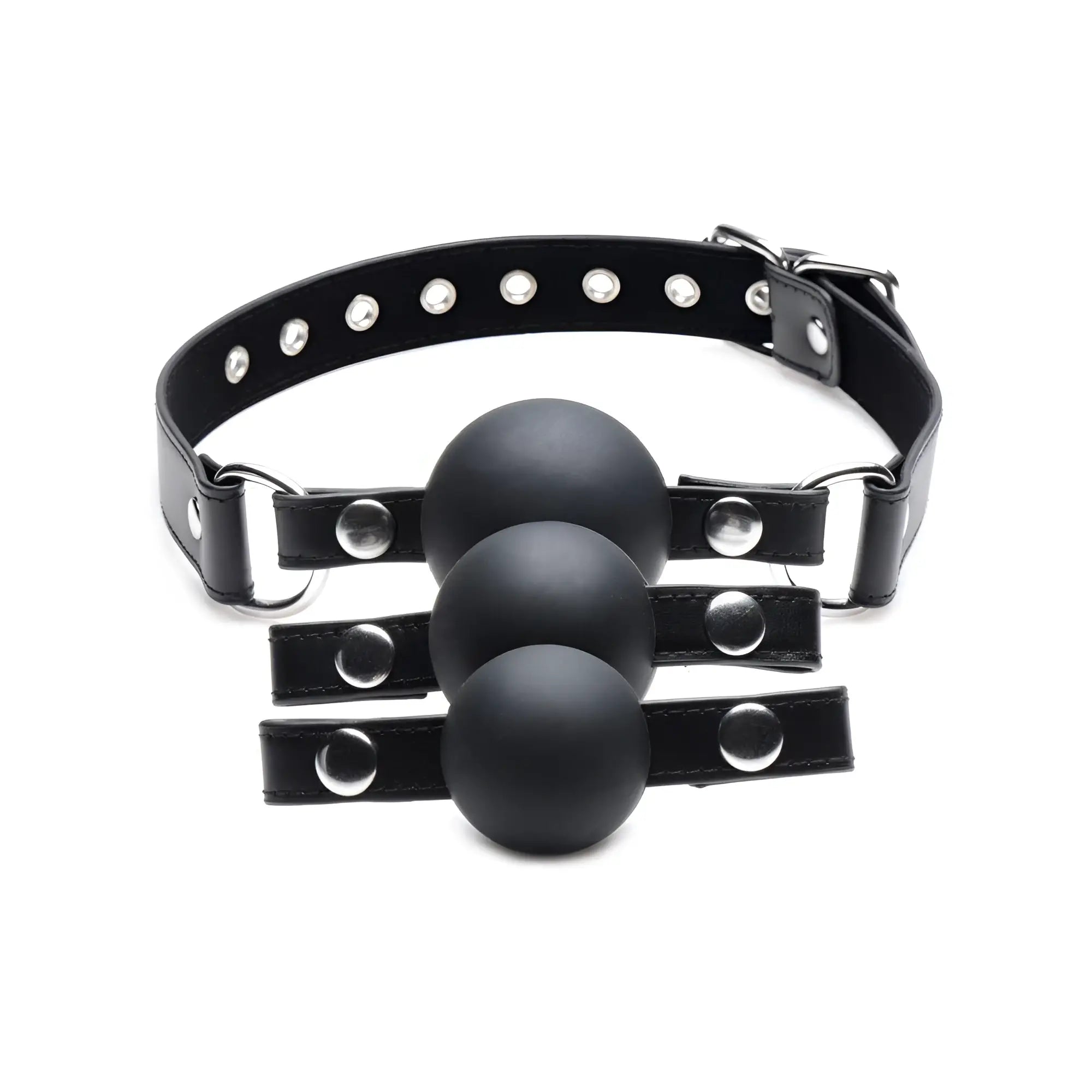 Strict Interchangeable Silicone Ball Gag set: black leather collar with three detachable matte black silicone gag spheres.