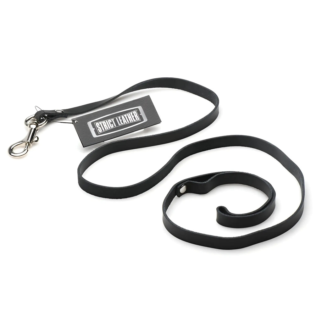Strict Leather 4-foot black leather leash with silver-tone metal clip and branded hang tag on white background.