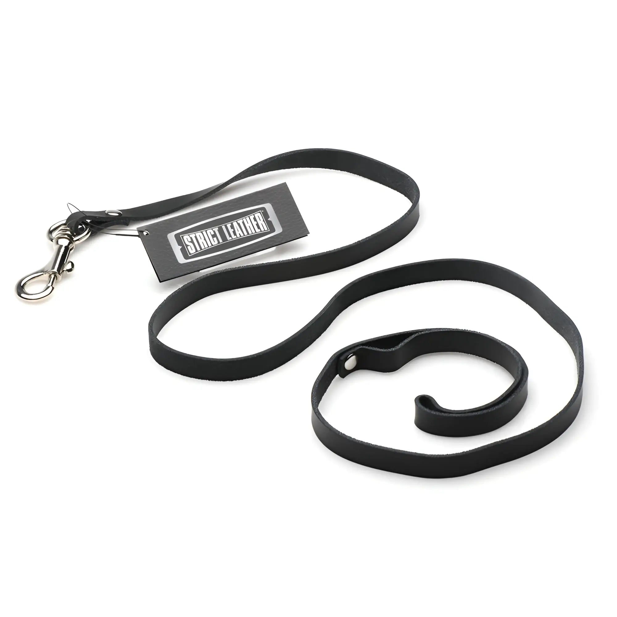 Strict Leather 4-foot black leather leash with silver-tone metal clip and branded hang tag on white background.