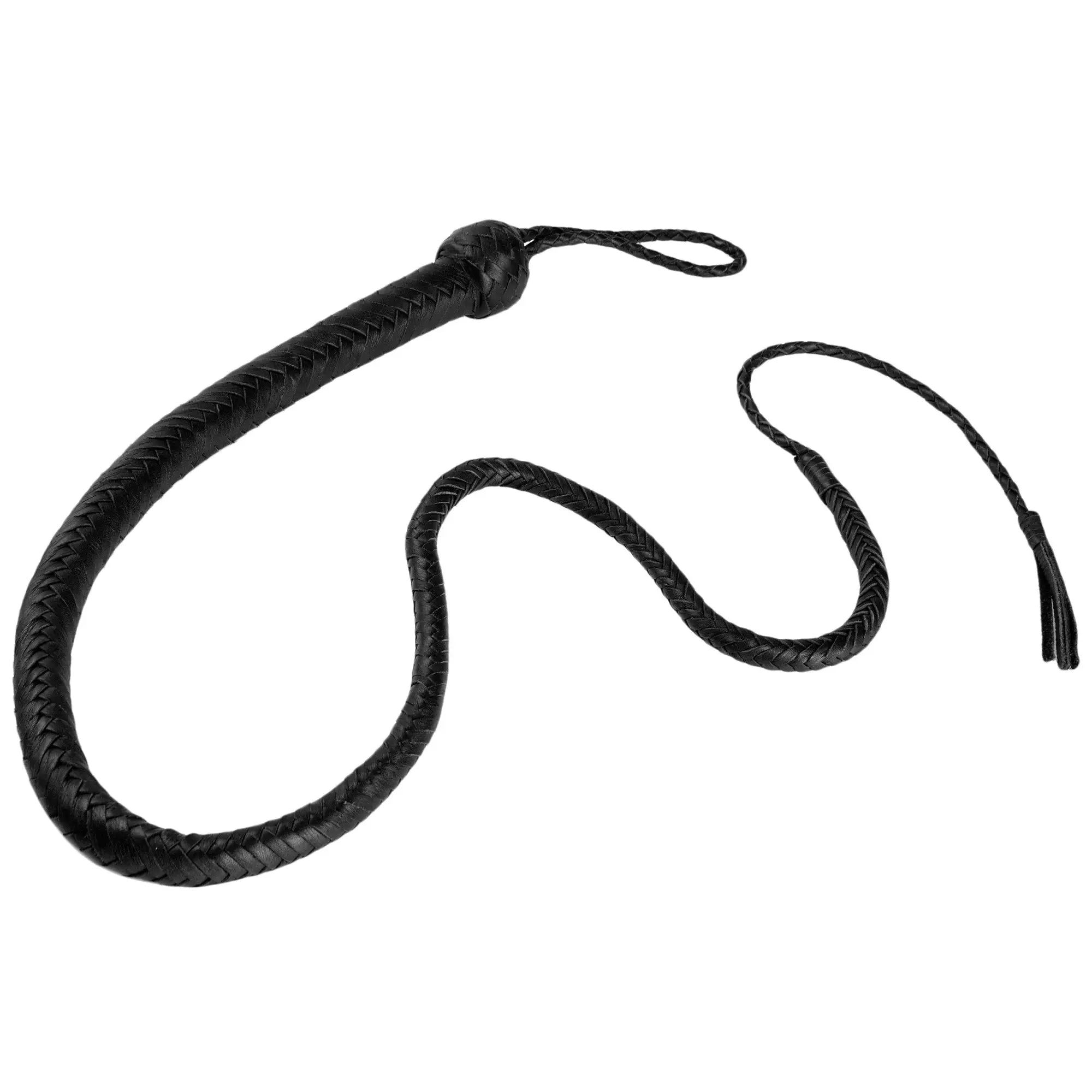 Strict Leather 4-foot black braided leather whip with a wrist loop, coiled on a white background.