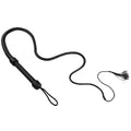 Strict Leather 5-foot black braided leather bullwhip with a woven handle, wrist loop, and tasseled tip on white.