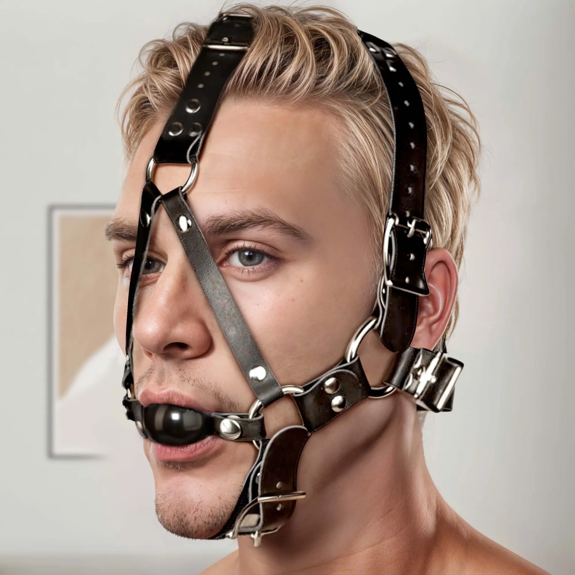 Black leather ball gag harness with metal hardware and spherical mouthpiece for strict restraint use