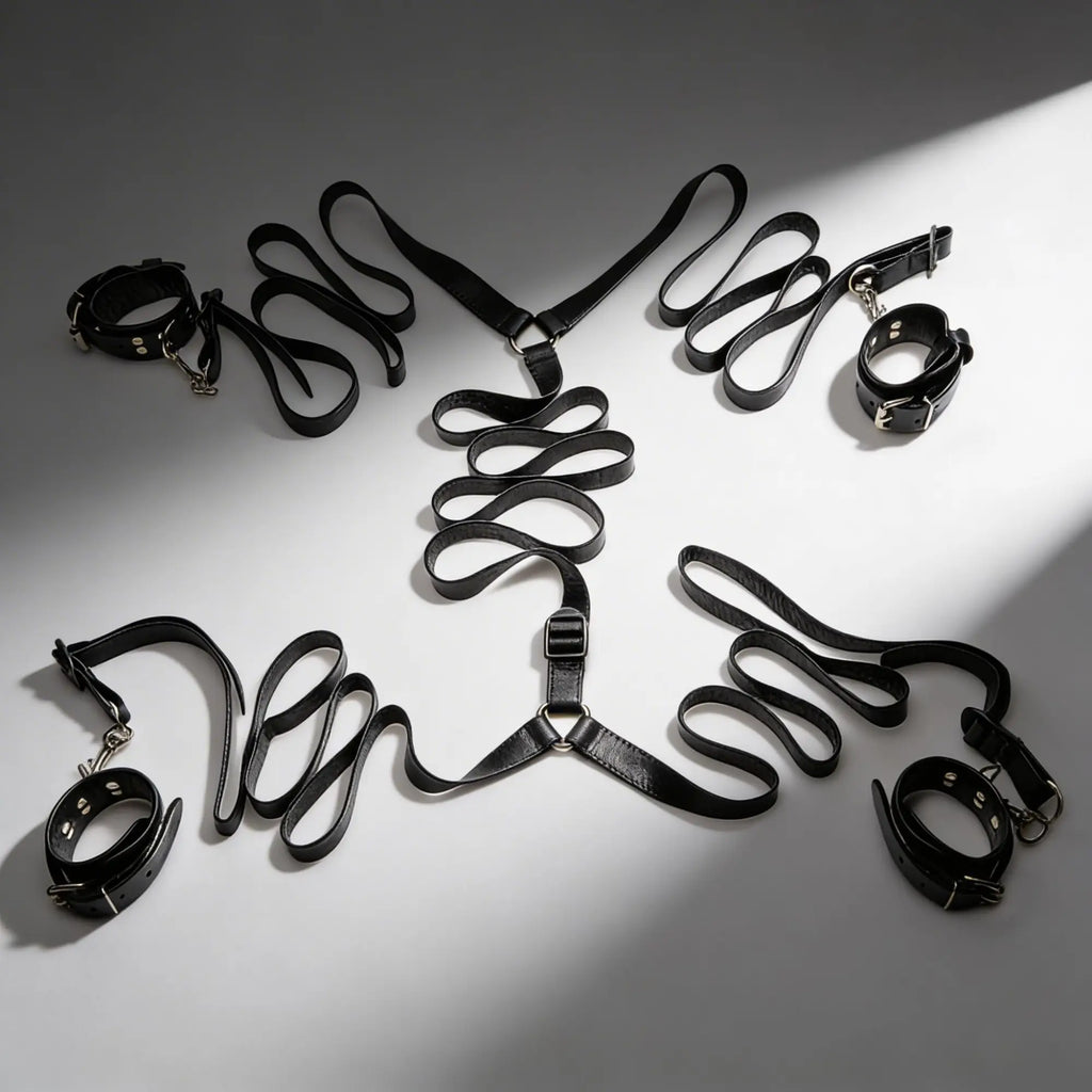 Strict Leather Bed Restraint Kit: A black leather four-point strap system with adjustable cuffs and metal hardware.