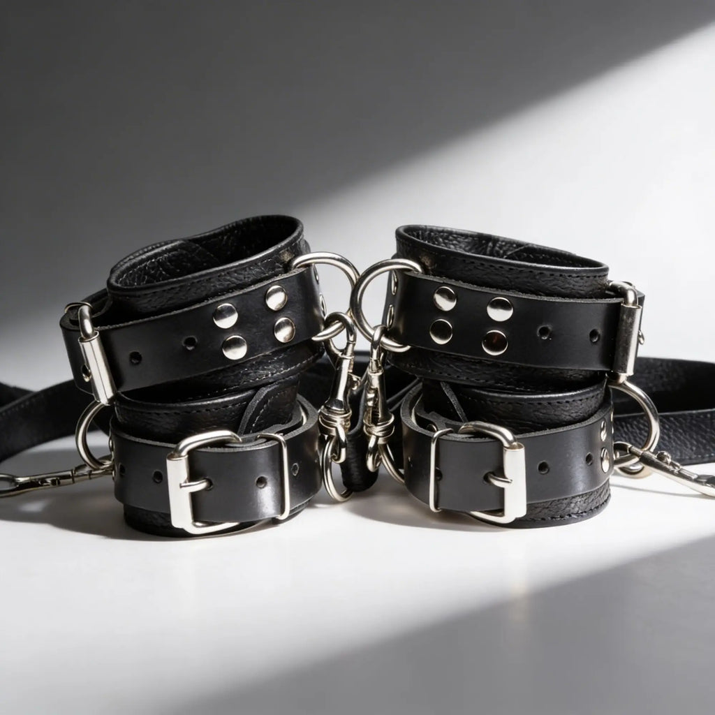 Strict Leather Bed Restraint Kit: A set of black leather cuffs with silver buckles, studs, and heavy-duty metal hardware.
