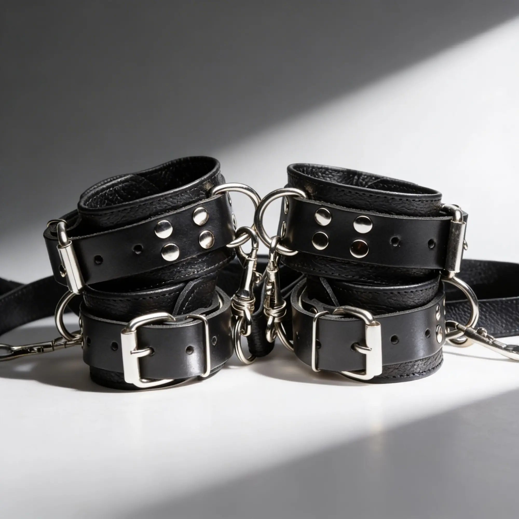 Strict Leather Bed Restraint Kit: A set of black leather cuffs with silver buckles, studs, and heavy-duty metal hardware.