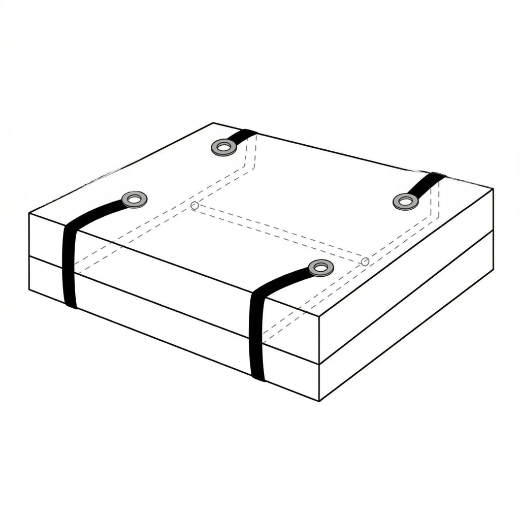 Strict Leather Bed Restraint Kit: A line-art diagram showing four black straps with silver eyelets securing a mattress.