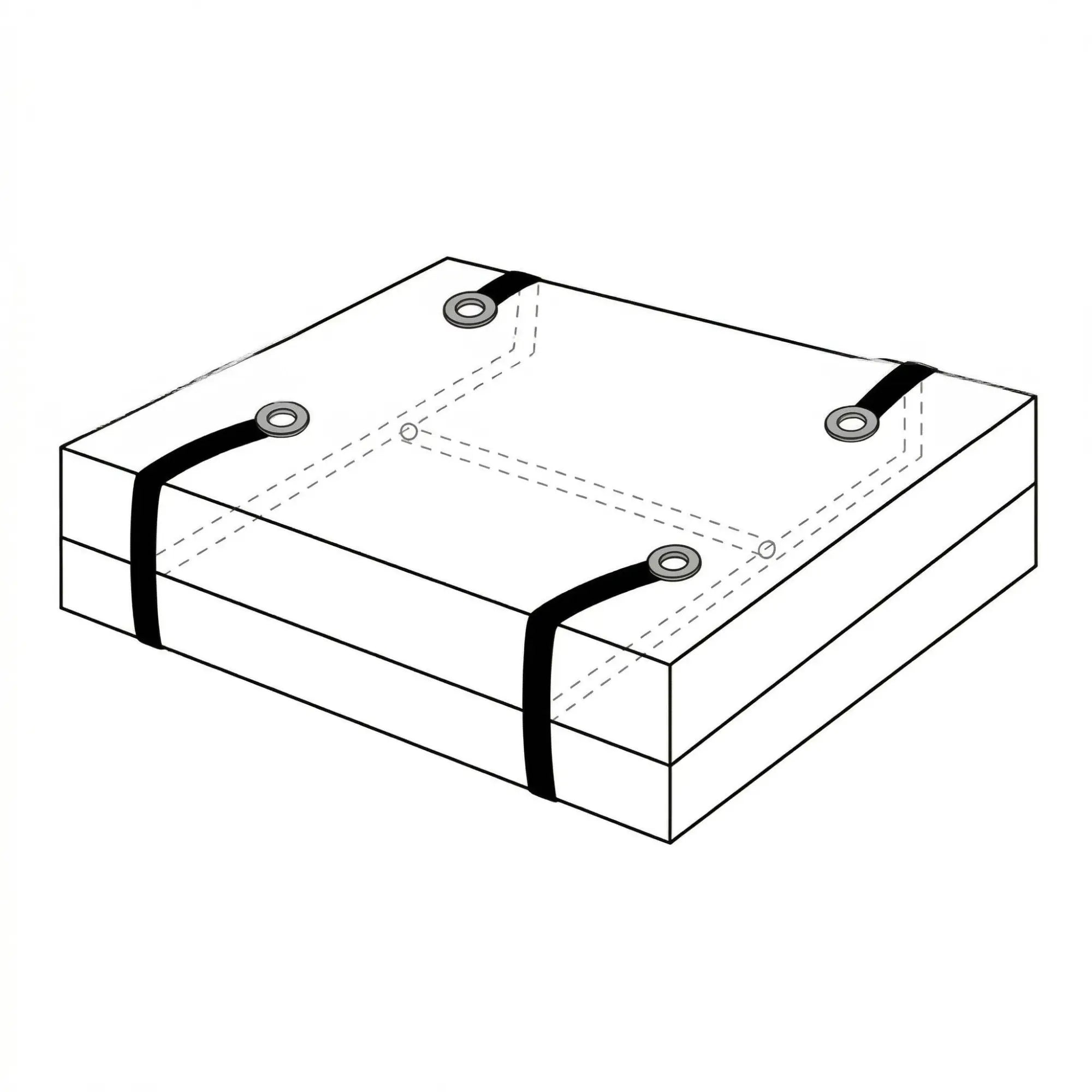 Strict Leather Bed Restraint Kit: A line-art diagram showing four black straps with silver eyelets securing a mattress.