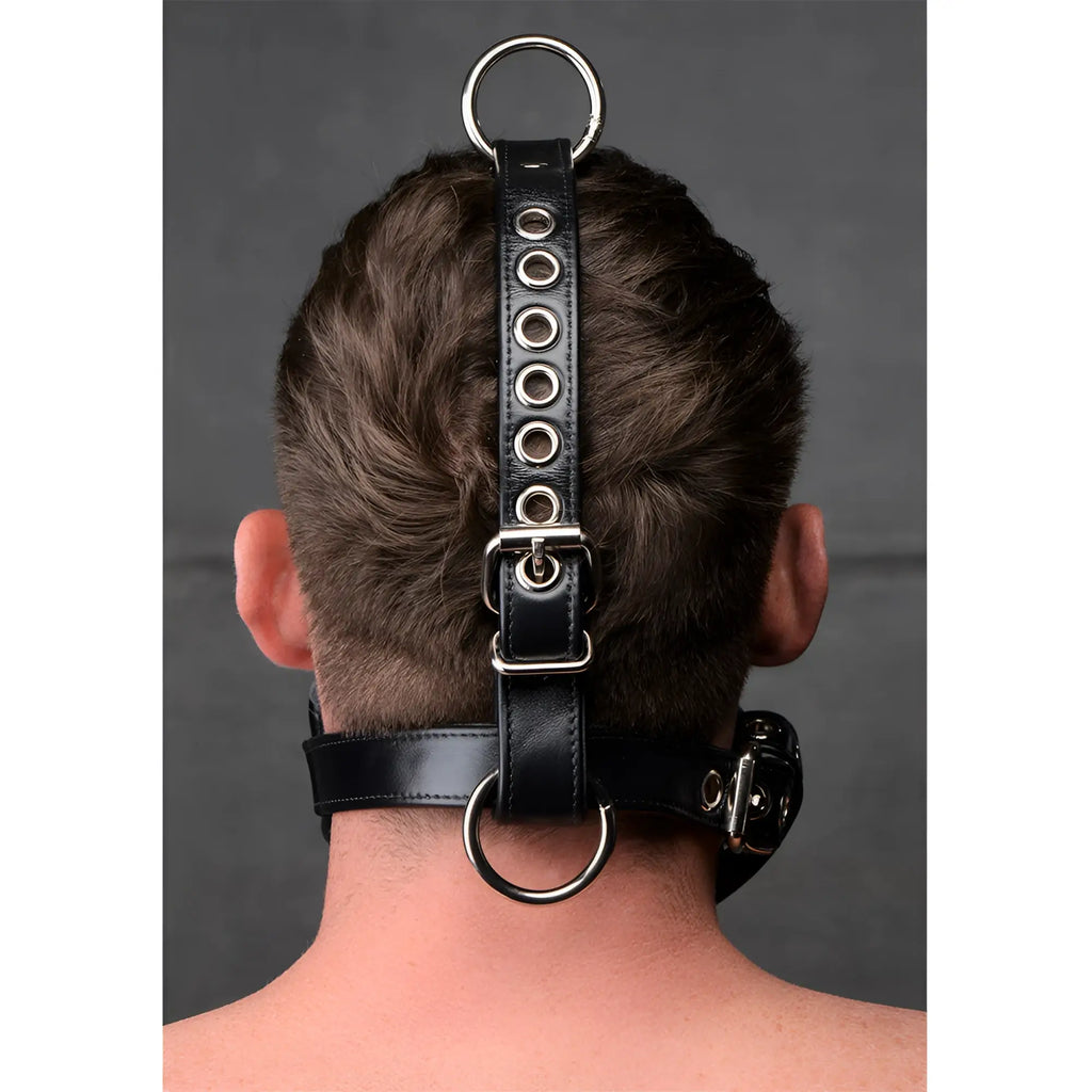 Strict Leather Bishop Head Harness Gag in black leather with silver hardware, worn around the head and neck.