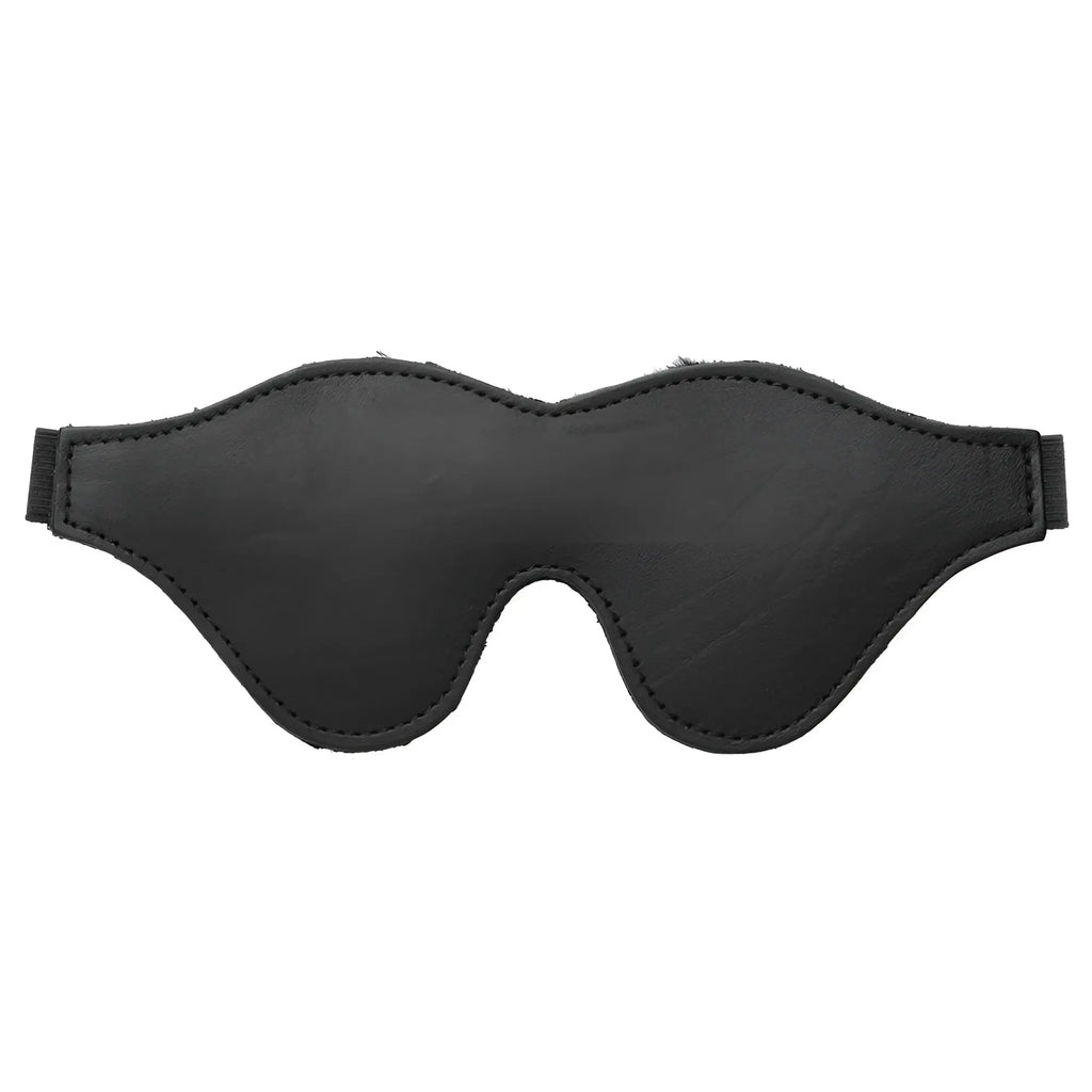 Strict Leather black, fleece-lined blindfold with contoured shape and elastic strap on a white background.