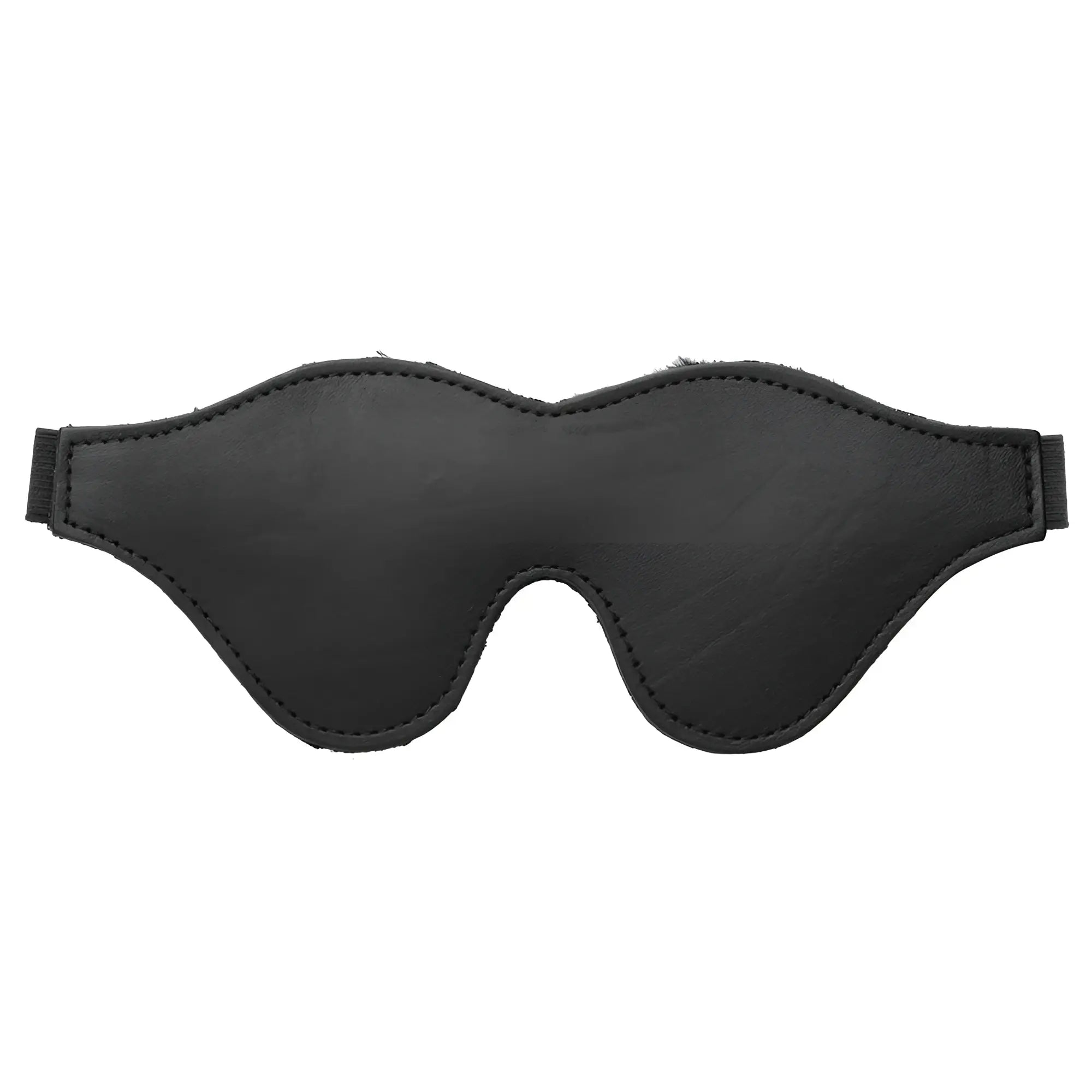 Strict Leather black, fleece-lined blindfold with contoured shape and elastic strap on a white background.