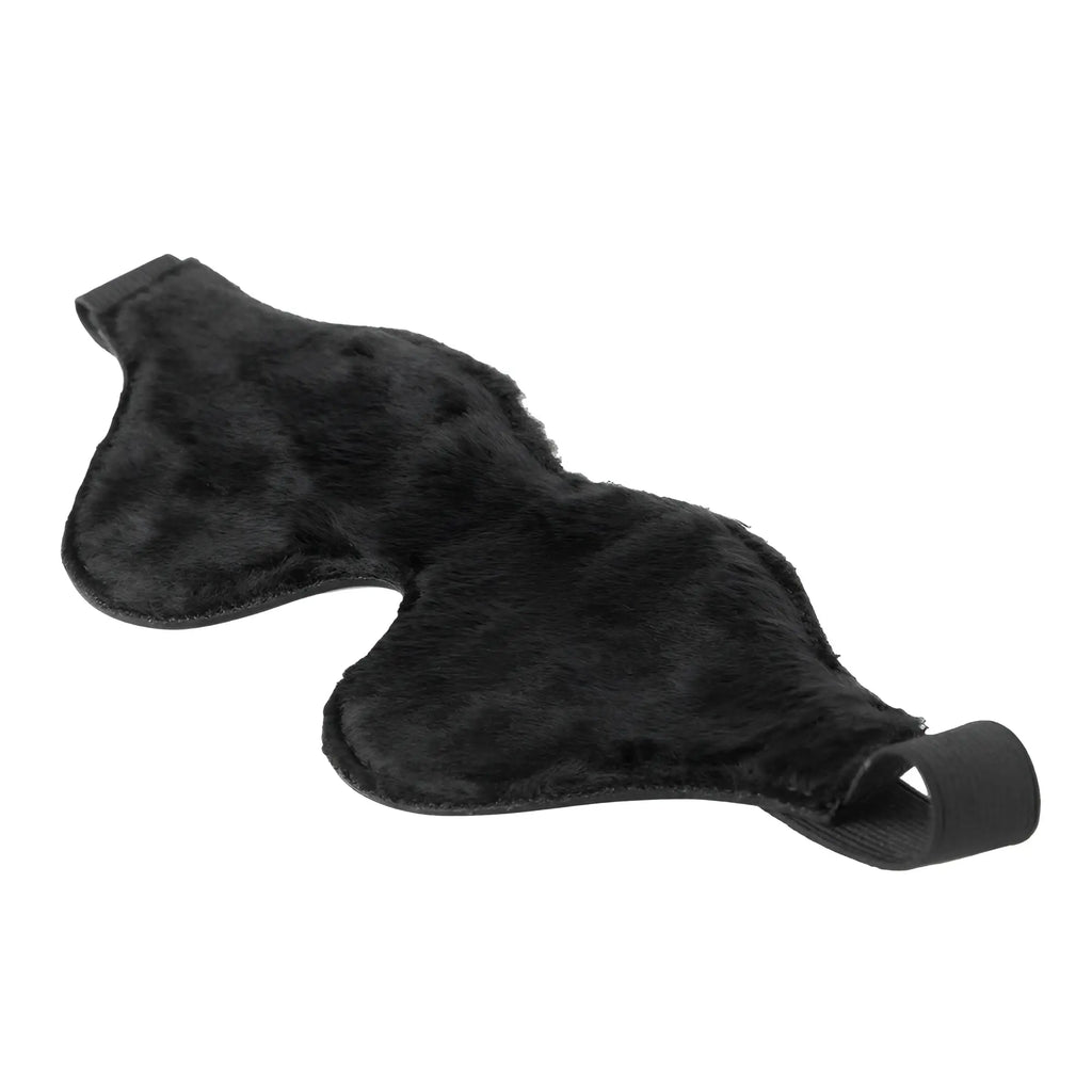 Strict Leather black fleece-lined blindfold, featuring a soft, contoured shape and an elastic strap on a white background.