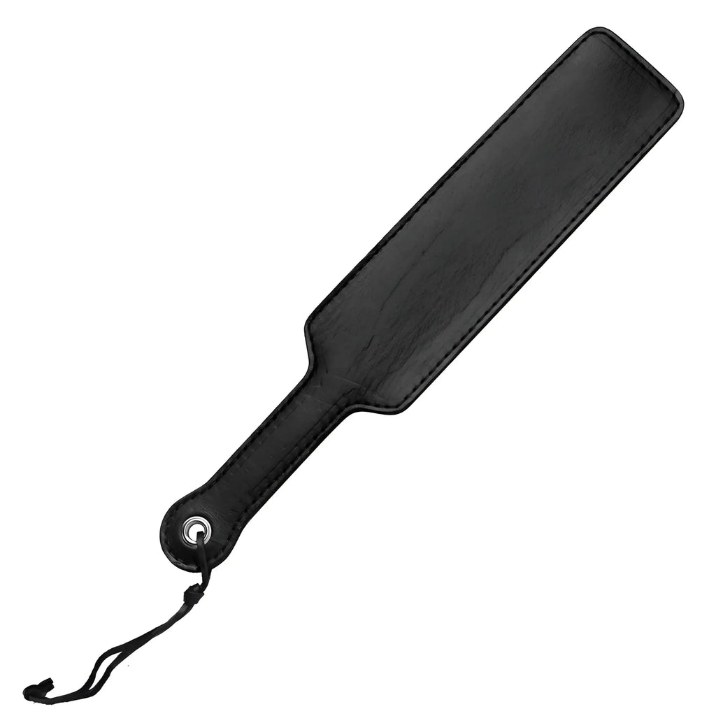Strict Leather black fraternity paddle with stitched edges and a hanging loop against a white background.
