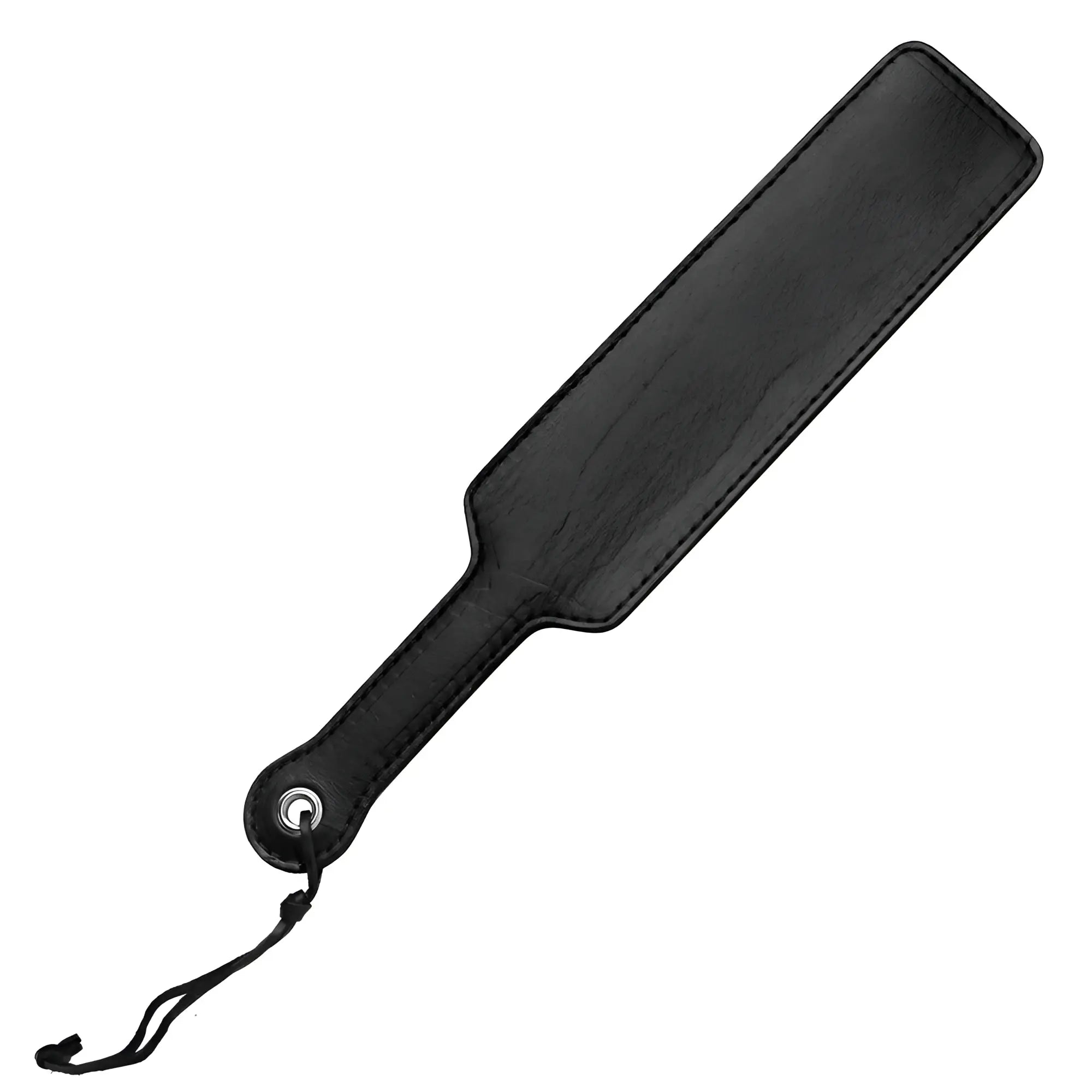 Strict Leather black fraternity paddle with stitched edges and a hanging loop against a white background.