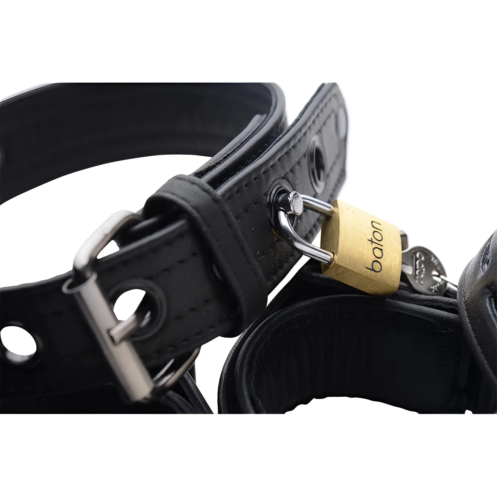 Strict Leather black premium leather collar and cuffs with metal hardware and a brass Baton padlock and key.