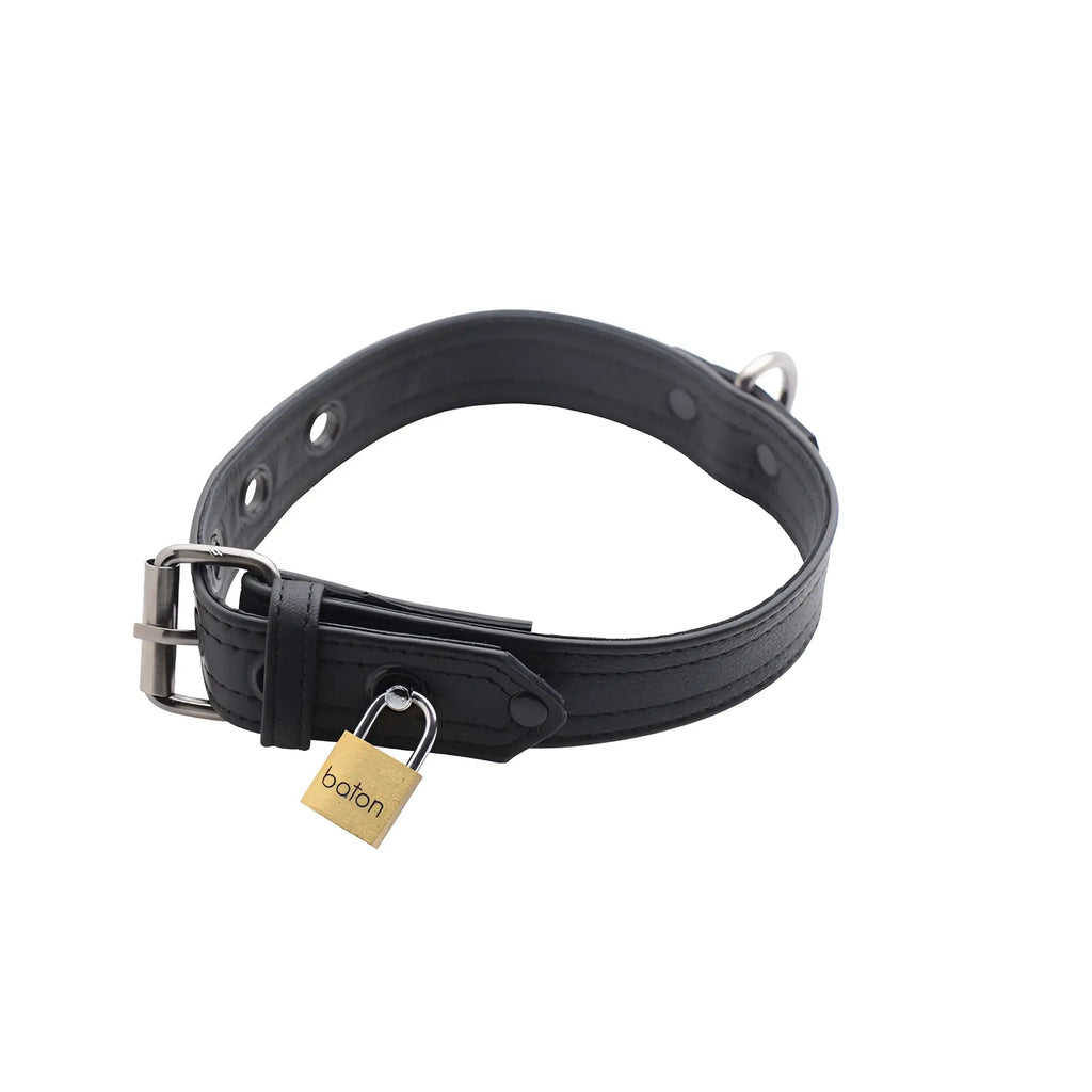 Strict Leather black premium leather collar with a metal buckle, eyelets, D-ring, and a small brass Baton padlock.