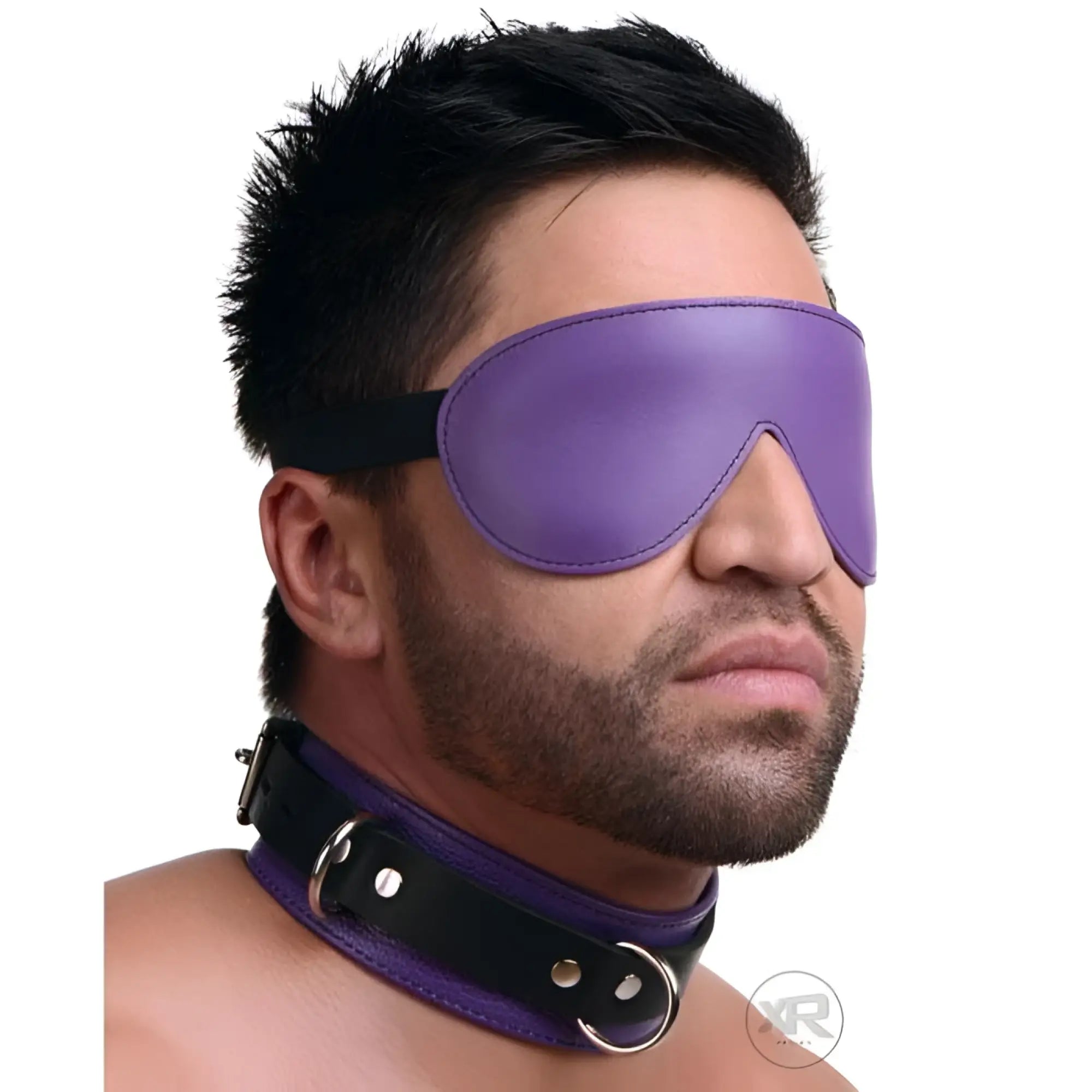 Strict Leather black and purple blindfold on a man wearing a matching purple and black leather buckled collar.