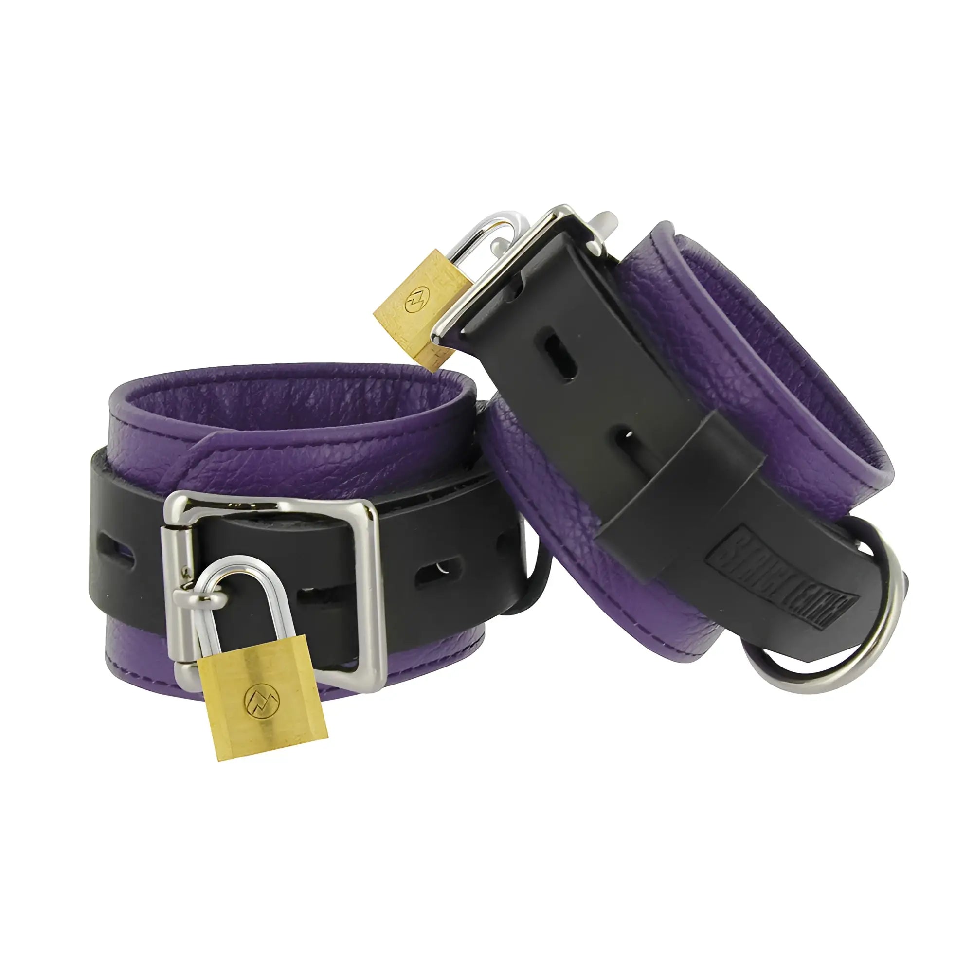 Strict Leather black and purple deluxe locking restraints featuring leather straps, steel buckles, and brass padlocks.