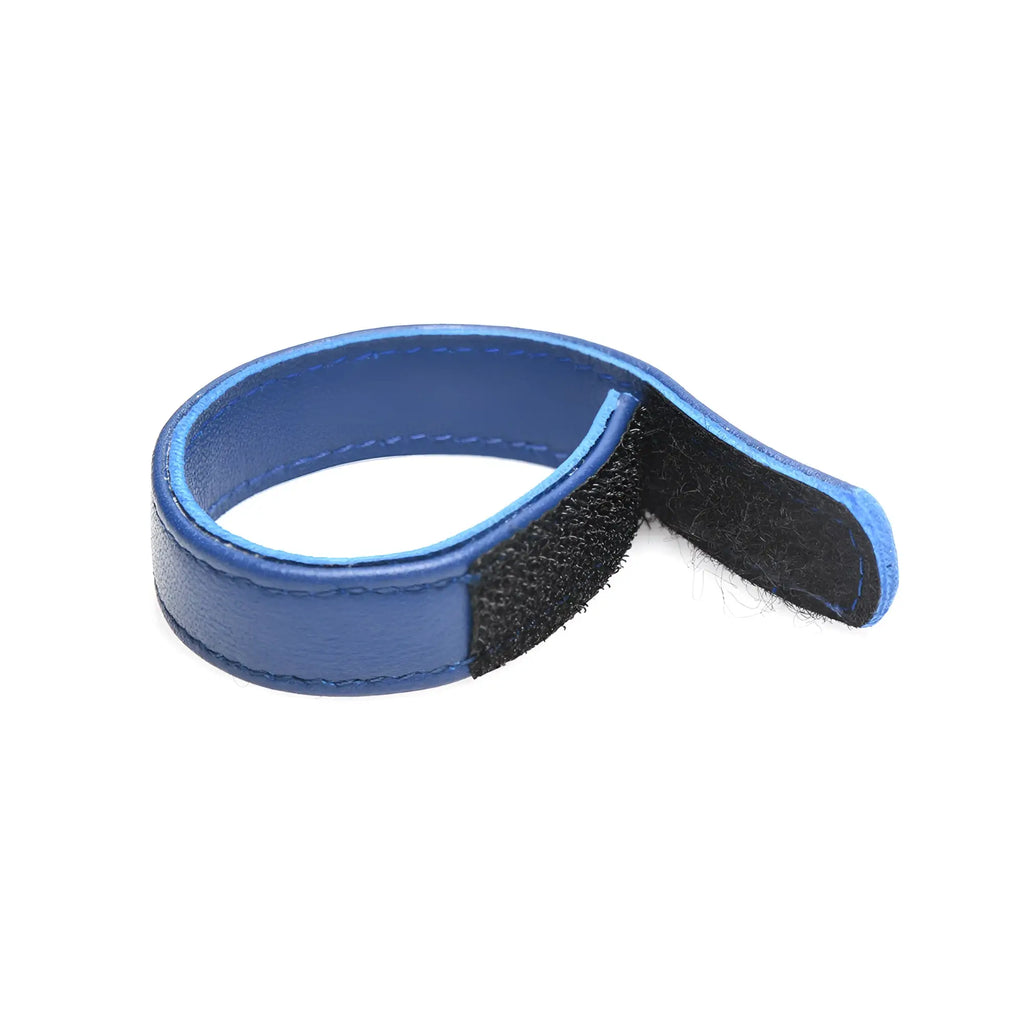 Blue leather cock ring with velcro closure, adjustable and comfortable.