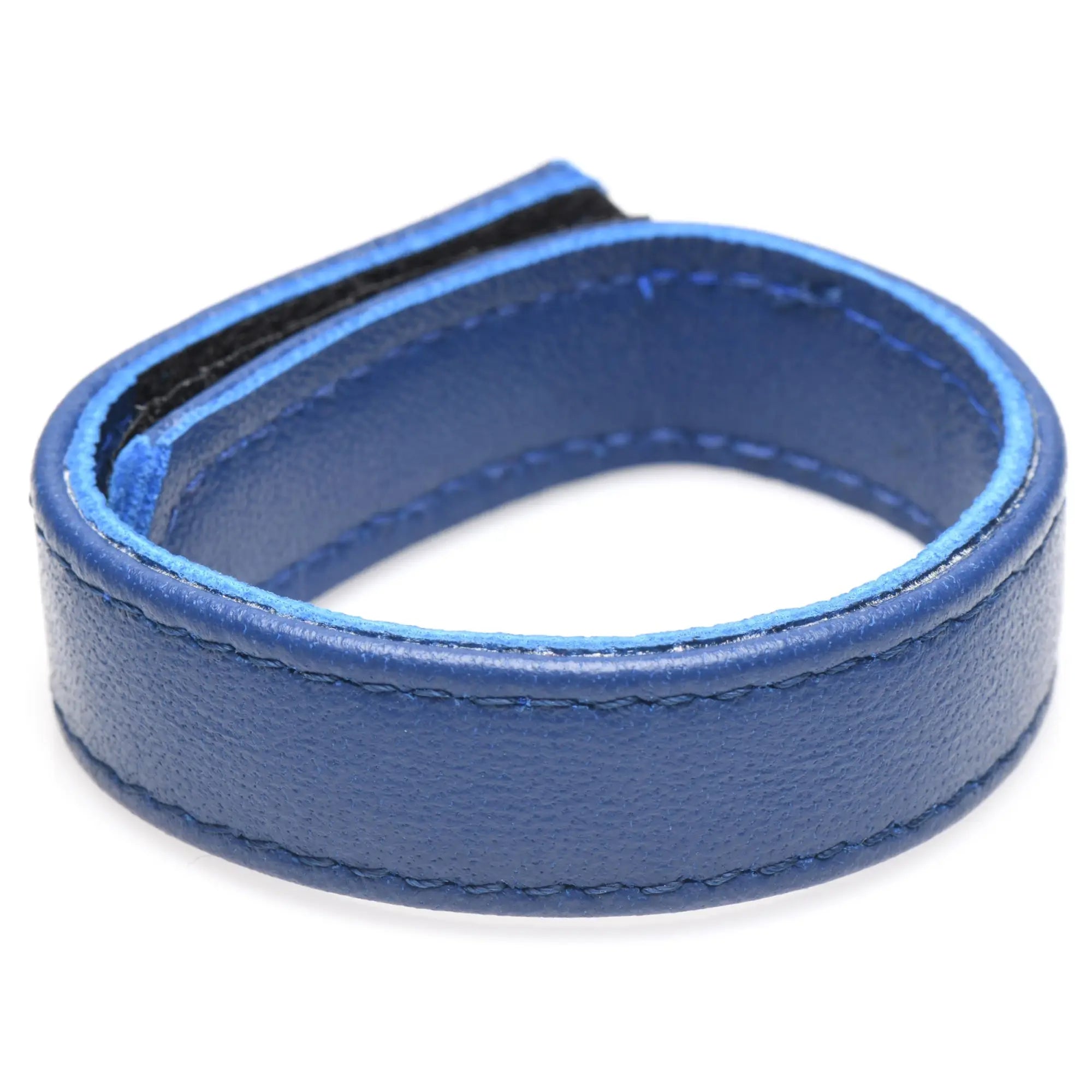 Blue leather cock ring with Velcro closure, featuring stitched edges.