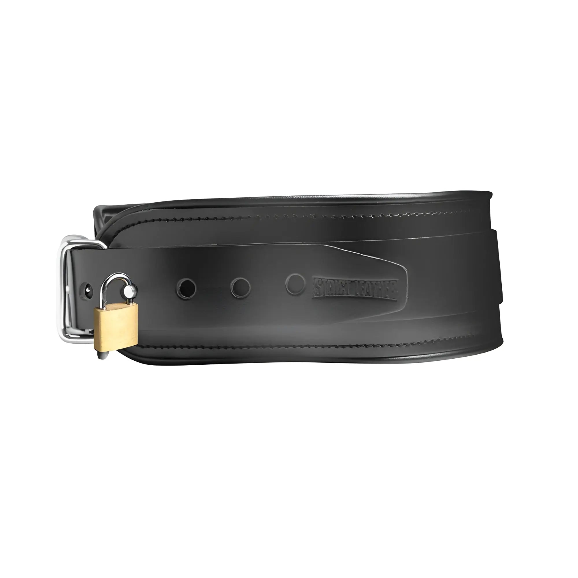Strict Leather bondage collar in black leather with silver hardware and a small gold padlock on a white background.