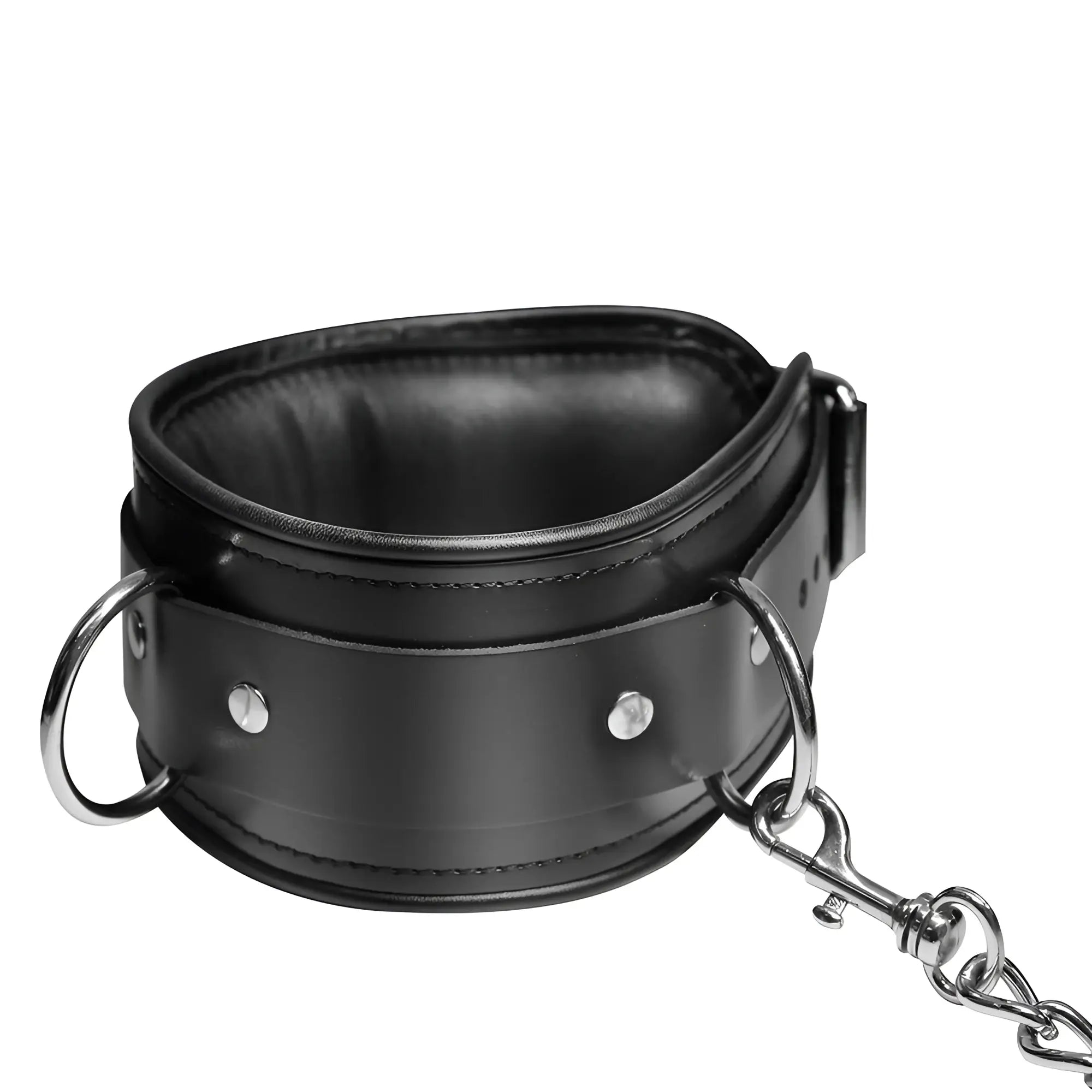 Strict Leather bondage collar in black leather with silver metal D-rings, studs, and an attached leash chain.