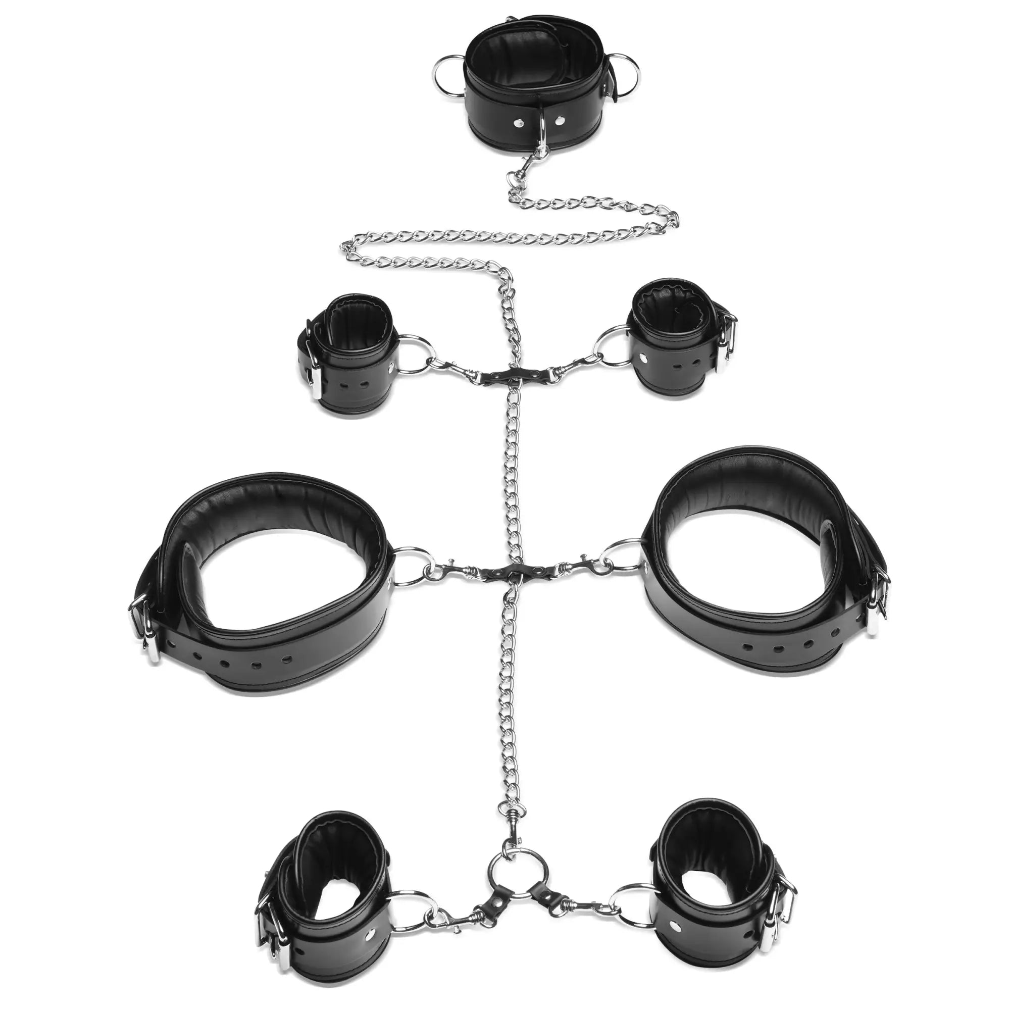 Strict Leather bondage set: black padded leather cuffs connected by a central silver metal chain system.