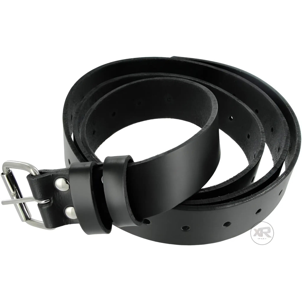 Strict Leather black leather bondage strap coiled, featuring silver-tone metal buckle and rivets on a white background.