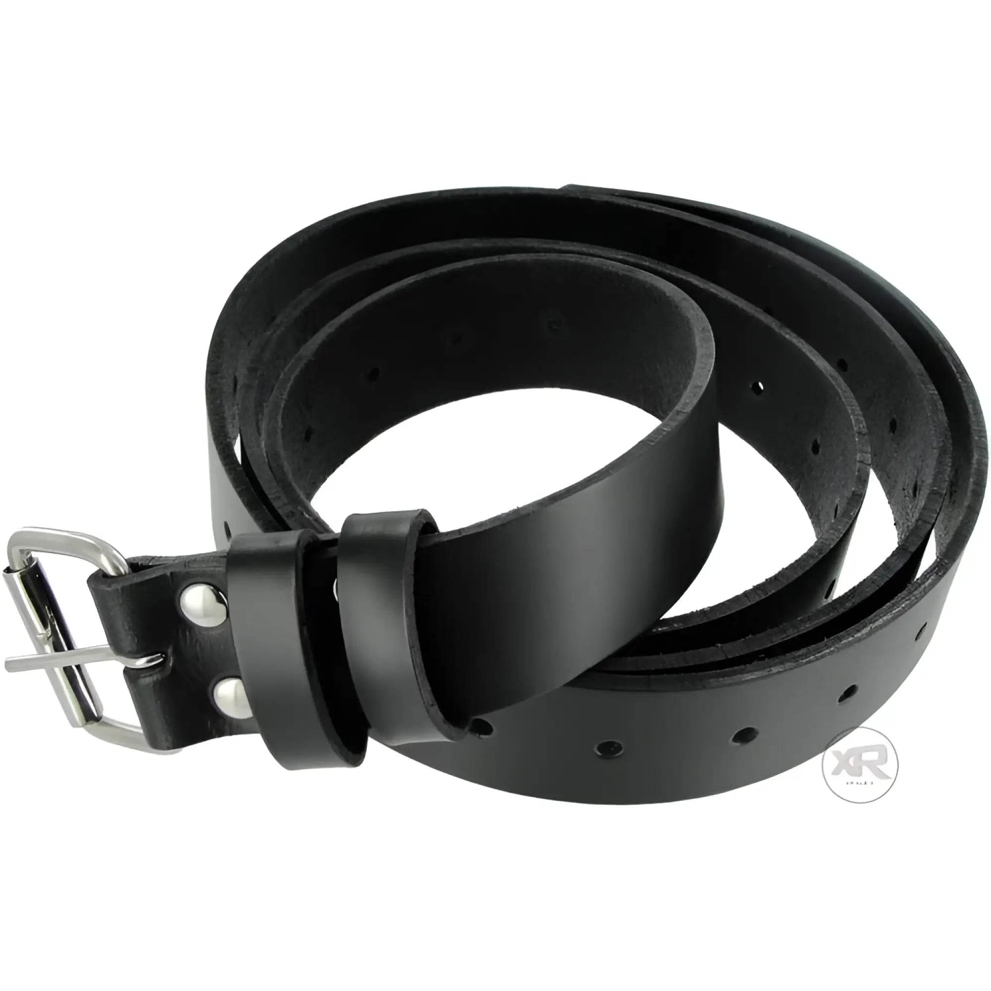 Strict Leather black leather bondage strap coiled, featuring silver-tone metal buckle and rivets on a white background.