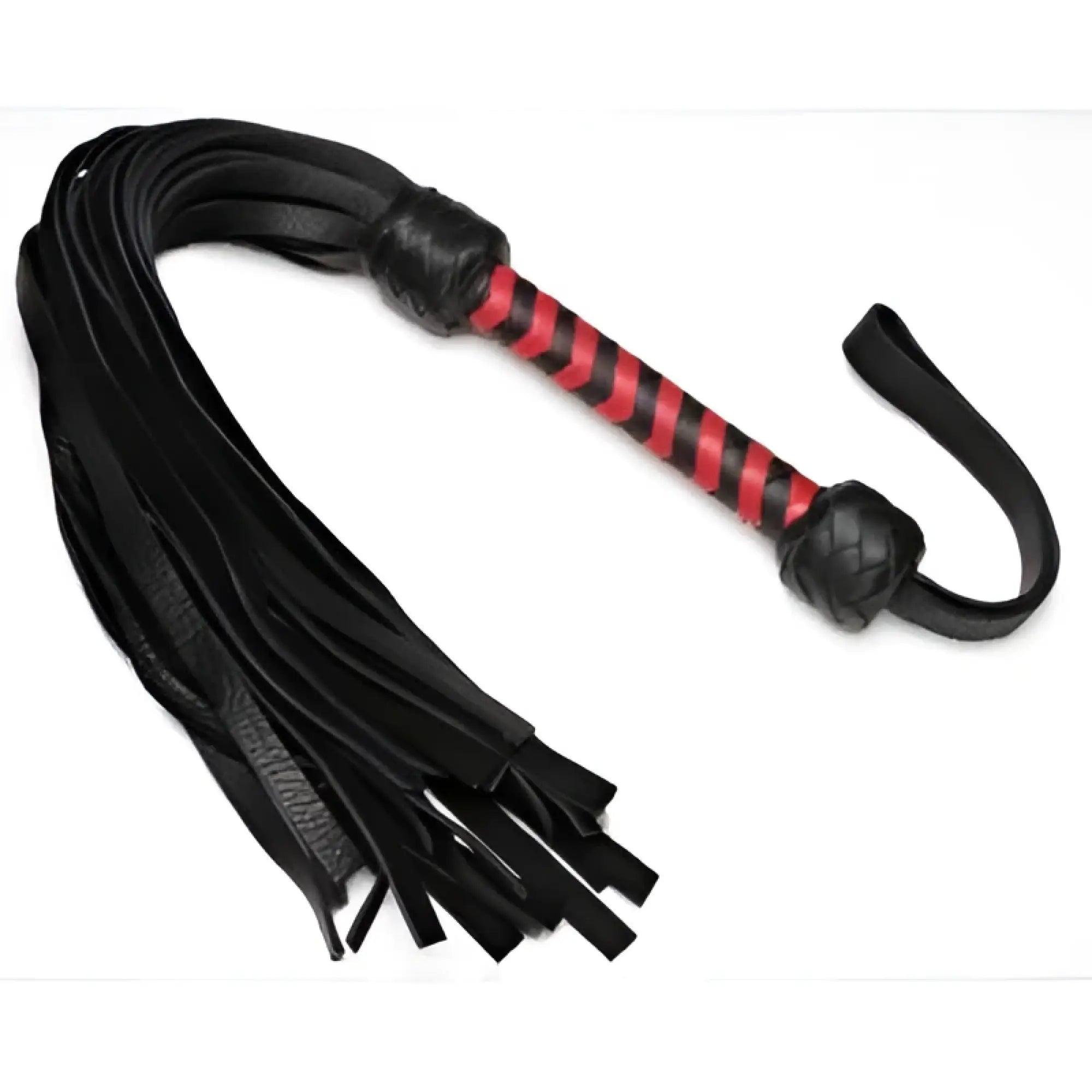 Strict Leather Bullhide Flogger featuring black leather strips and a red and black spiraled handle with a wrist loop.