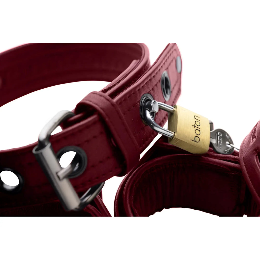 Strict Leather burgundy premium leather collar and cuffs, featuring a silver buckle and a brass Baton padlock.
