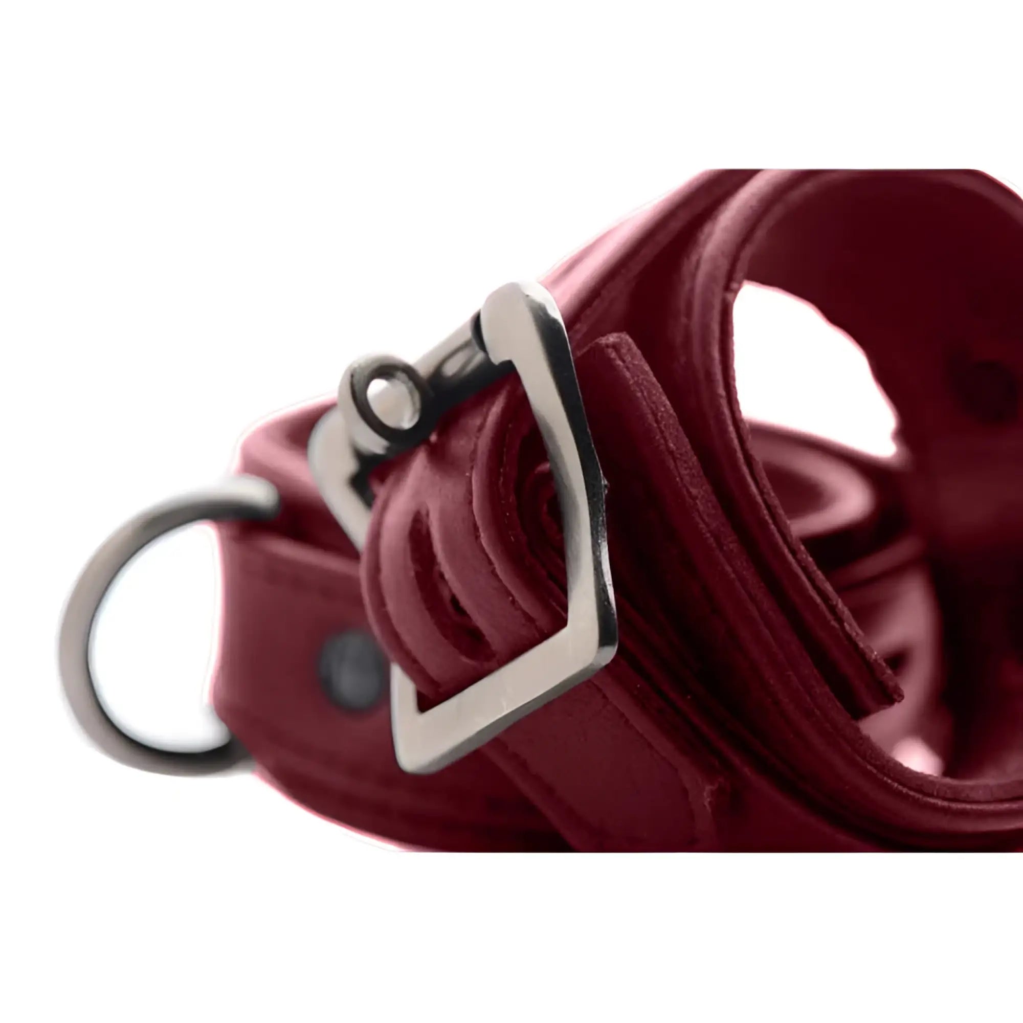 Strict Leather burgundy premium leather collar and cuffs featuring a silver-tone buckle and D-ring closure.