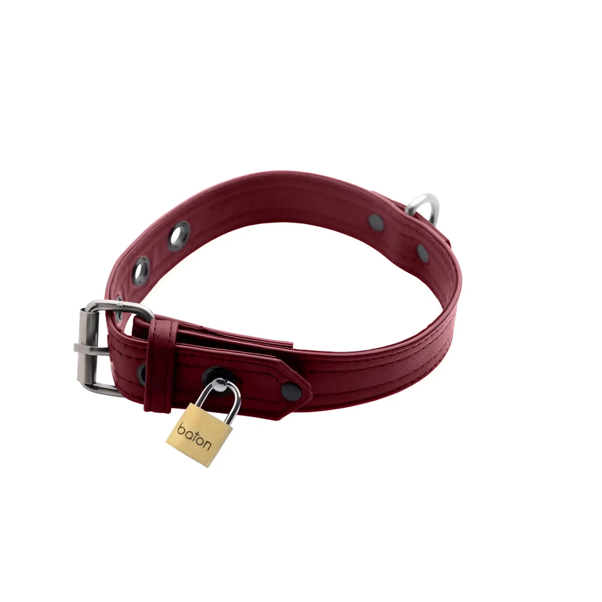 Strict Leather burgundy premium leather collar with a silver buckle, eyelets, D-ring, and a small Baton padlock.