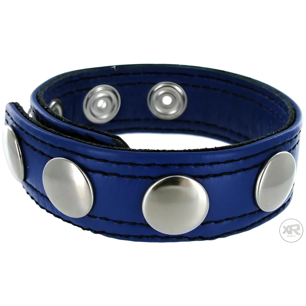 Cobalt blue leather cock ring with speed snaps and silver hardware.