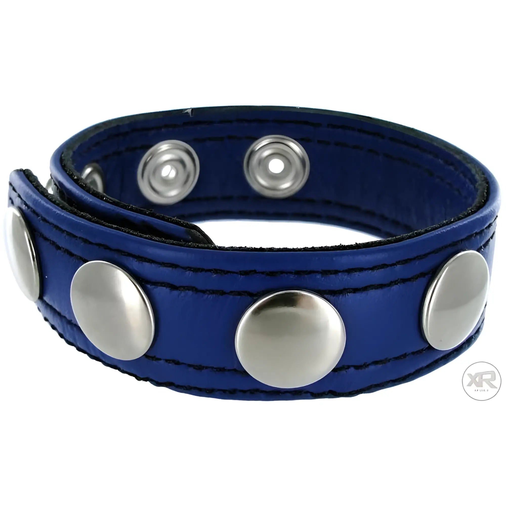 Cobalt blue leather cock ring with speed snaps and silver hardware.