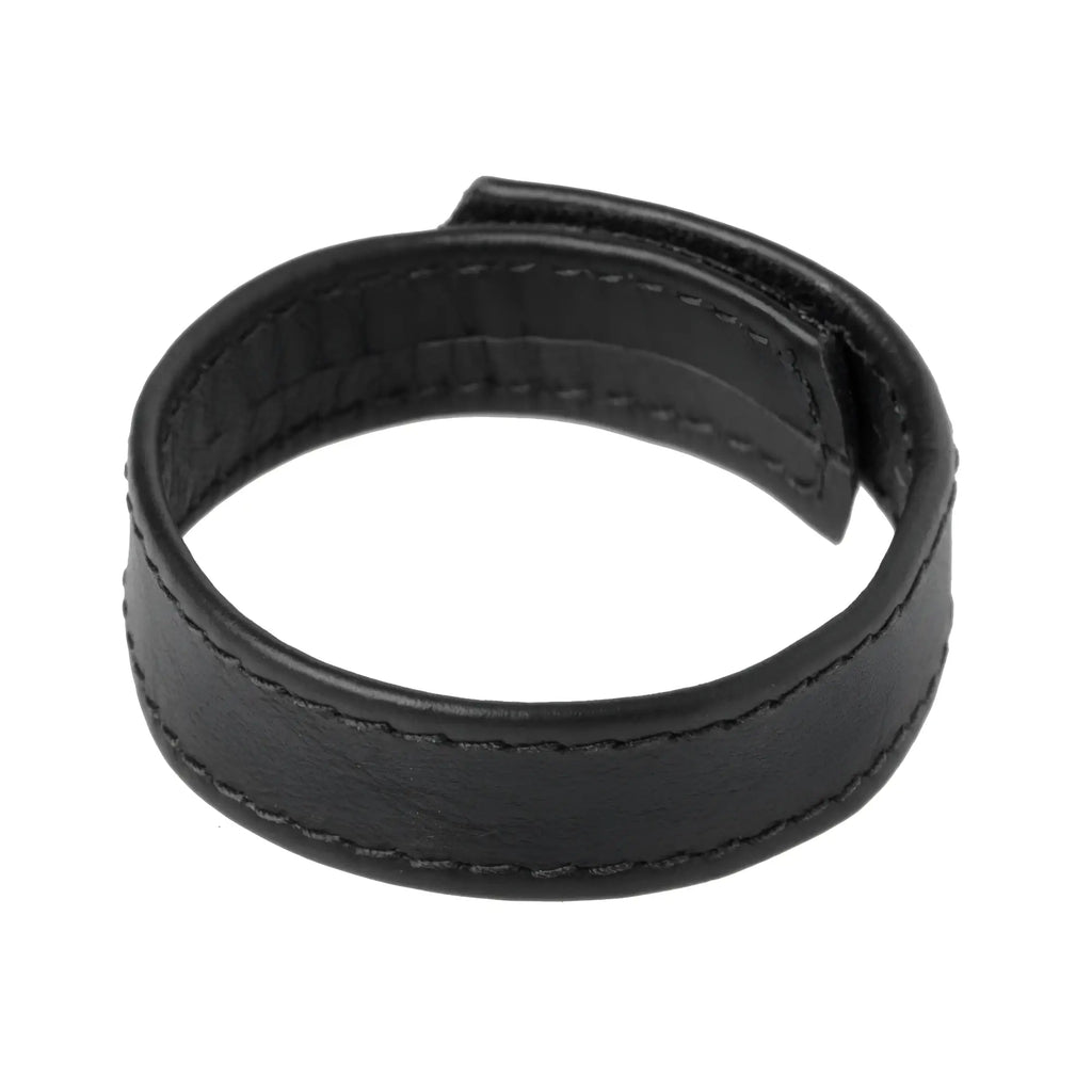 Black leather cock ring with adjustable strap and stitching detail.
