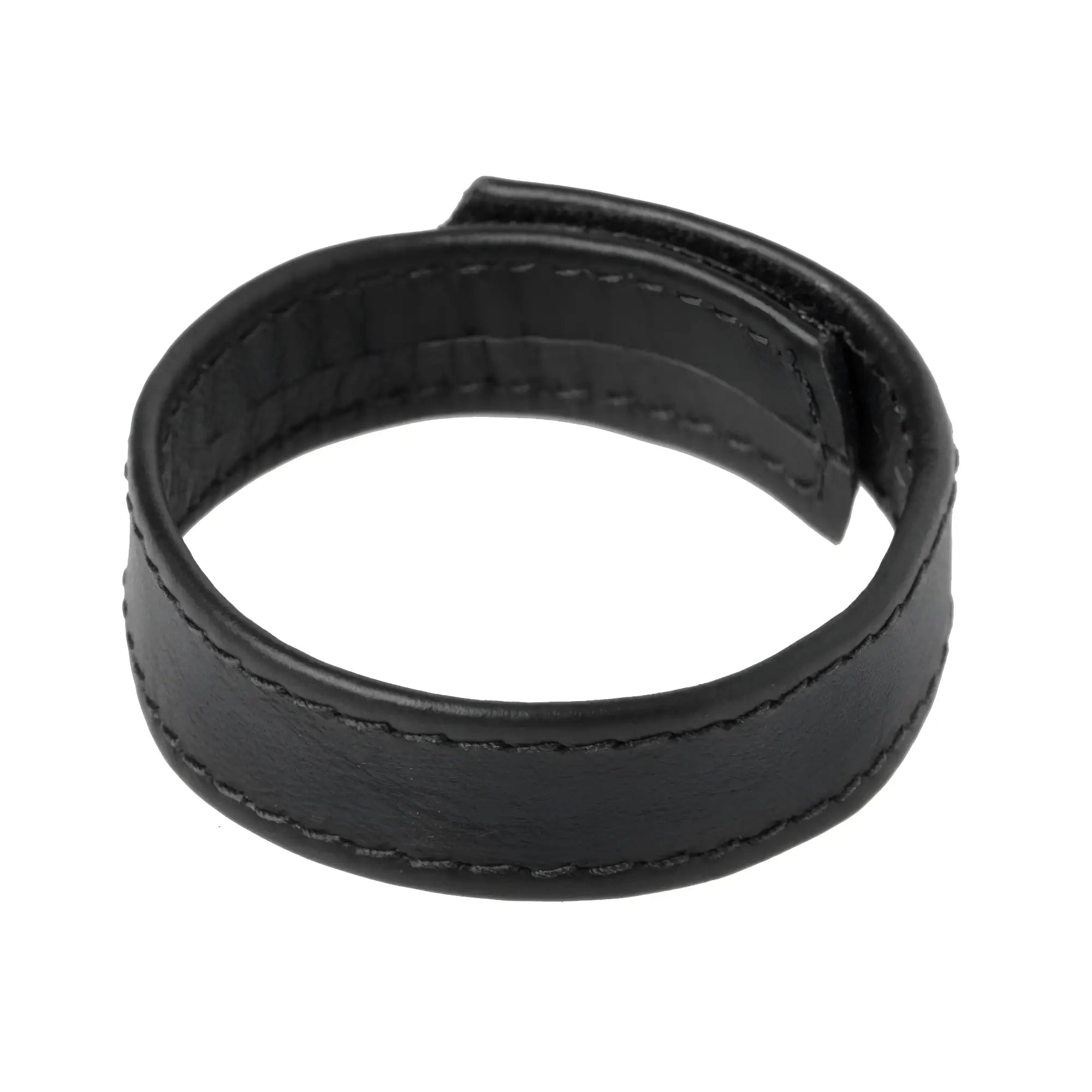 Black leather cock ring with adjustable strap and stitching detail.