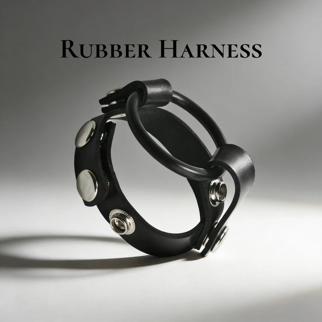 Black leather cock ring harness with metal snaps and a rubber ring.