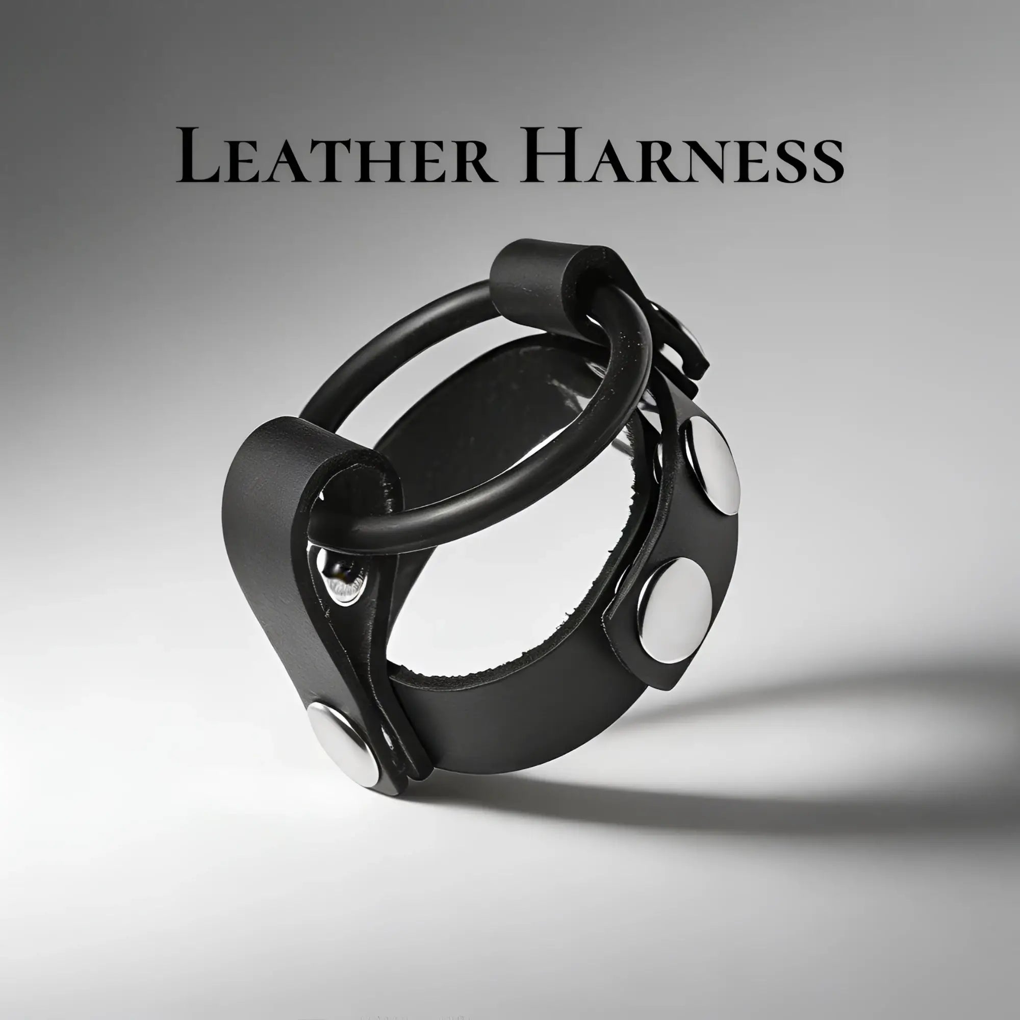 Black leather cock ring harness with metal accents and a prominent O-ring.