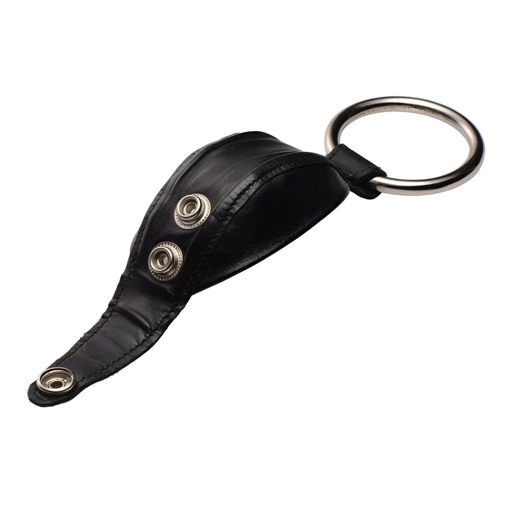 Strict Leather Cock Straight Jacket: Black leather strap with metal snaps and a large silver ring on a white background.