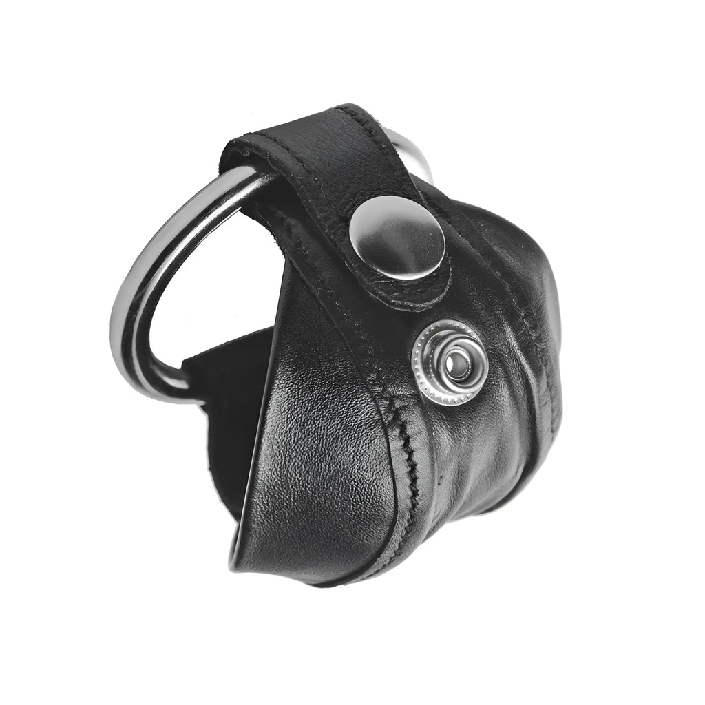 Strict Leather Cock Straight Jacket: a black leather pouch with metal snap buttons and a silver O-ring.