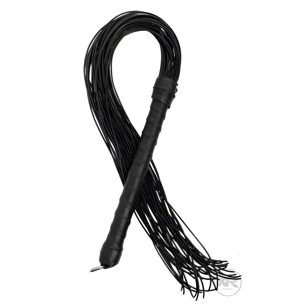 Strict Leather black cord flogger featuring a long, wrapped handle and multiple thin black leather tails.
