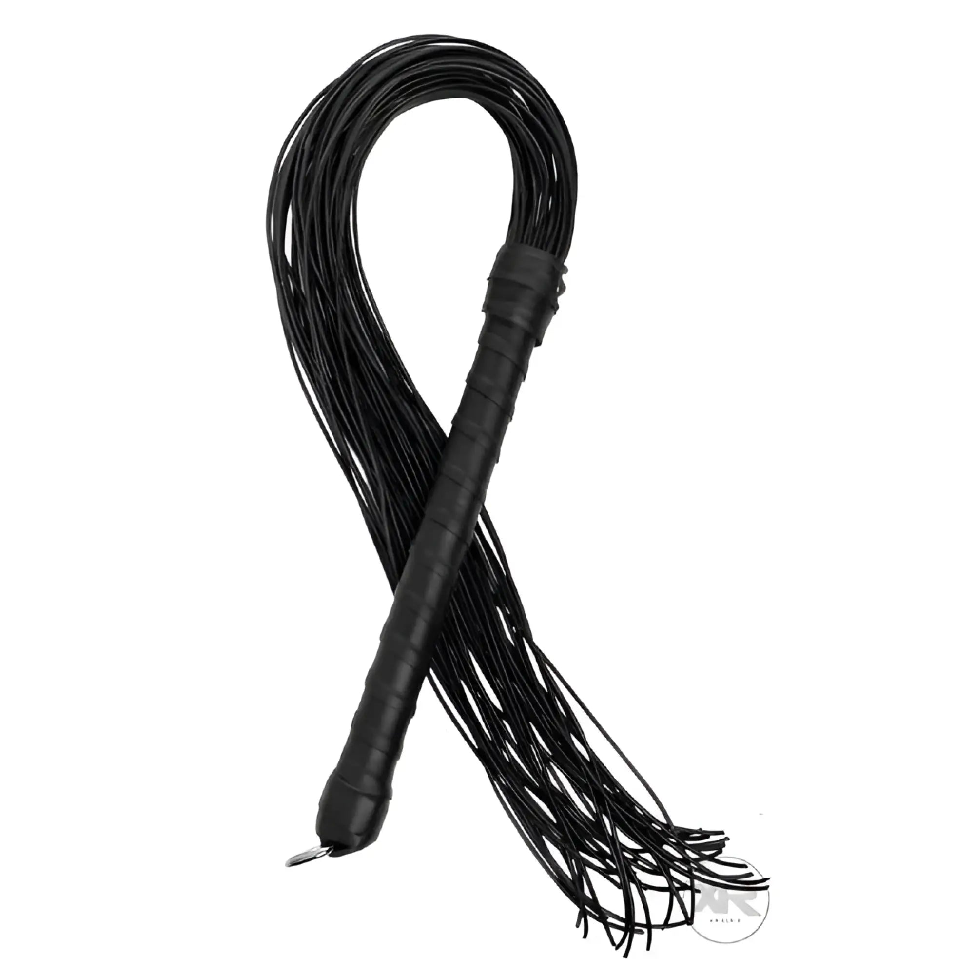 Strict Leather black cord flogger featuring a long, wrapped handle and multiple thin black leather tails.